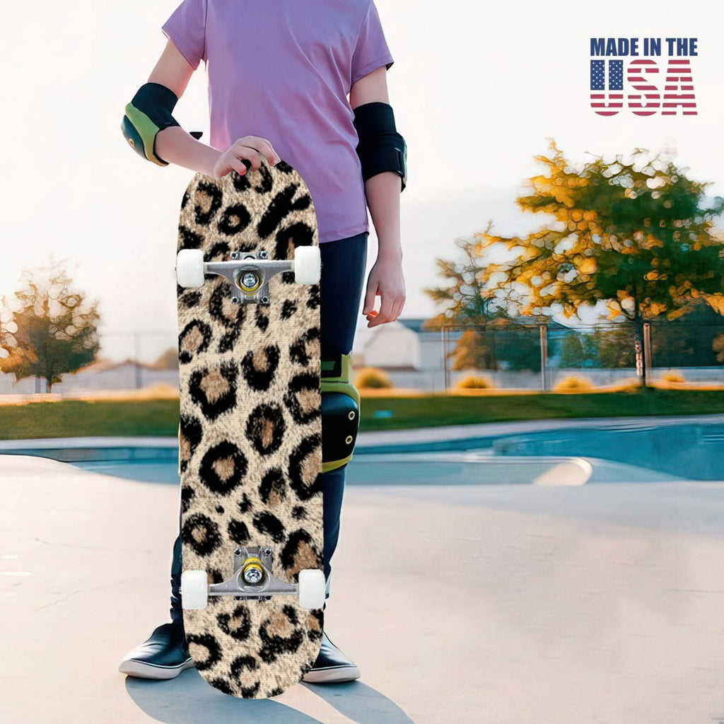 31"x8" Complete Skateboards for Beginners,Black Leopard Print Grey Double Kick 7 Ply Canadian Maple Deck Skateboard with Wheels, Gifts for Kids Teens