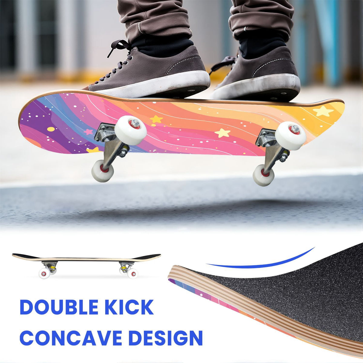 31"x8" Complete Skateboards for Beginners,Watercolor Watermelon Slices Pink Striped Double Kick 7 Ply Canadian Maple Deck Skateboard with Wheels, Gifts for Kids Teens