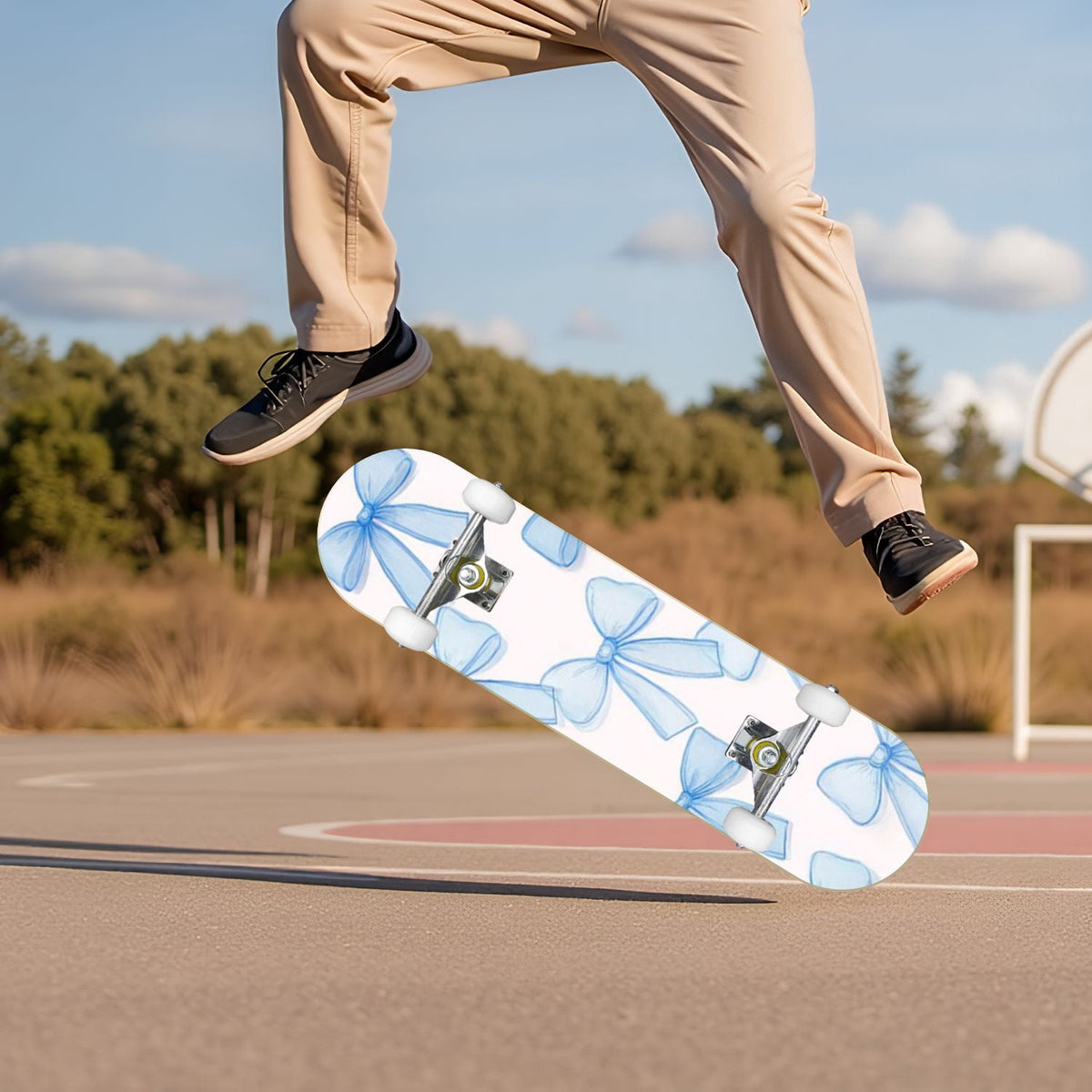Delicate Pink Floral Ribbon Design 31" x 8" Complete Skateboard, 7-Ply Canadian Maple Double Kick Trick Board for Kids and Beginners Adult Gifts