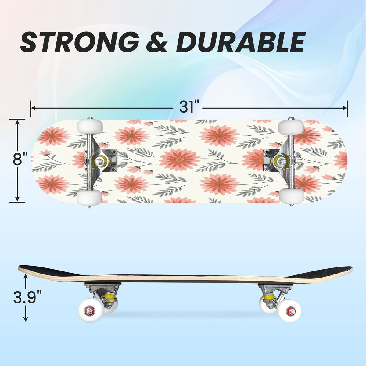 31"x8" Complete Skateboards for Beginners, Pink Floral Ribbon Roses Bows White Double Kick 7 Ply Canadian Maple Deck Skateboard with Wheels, Gifts for Girls Teens