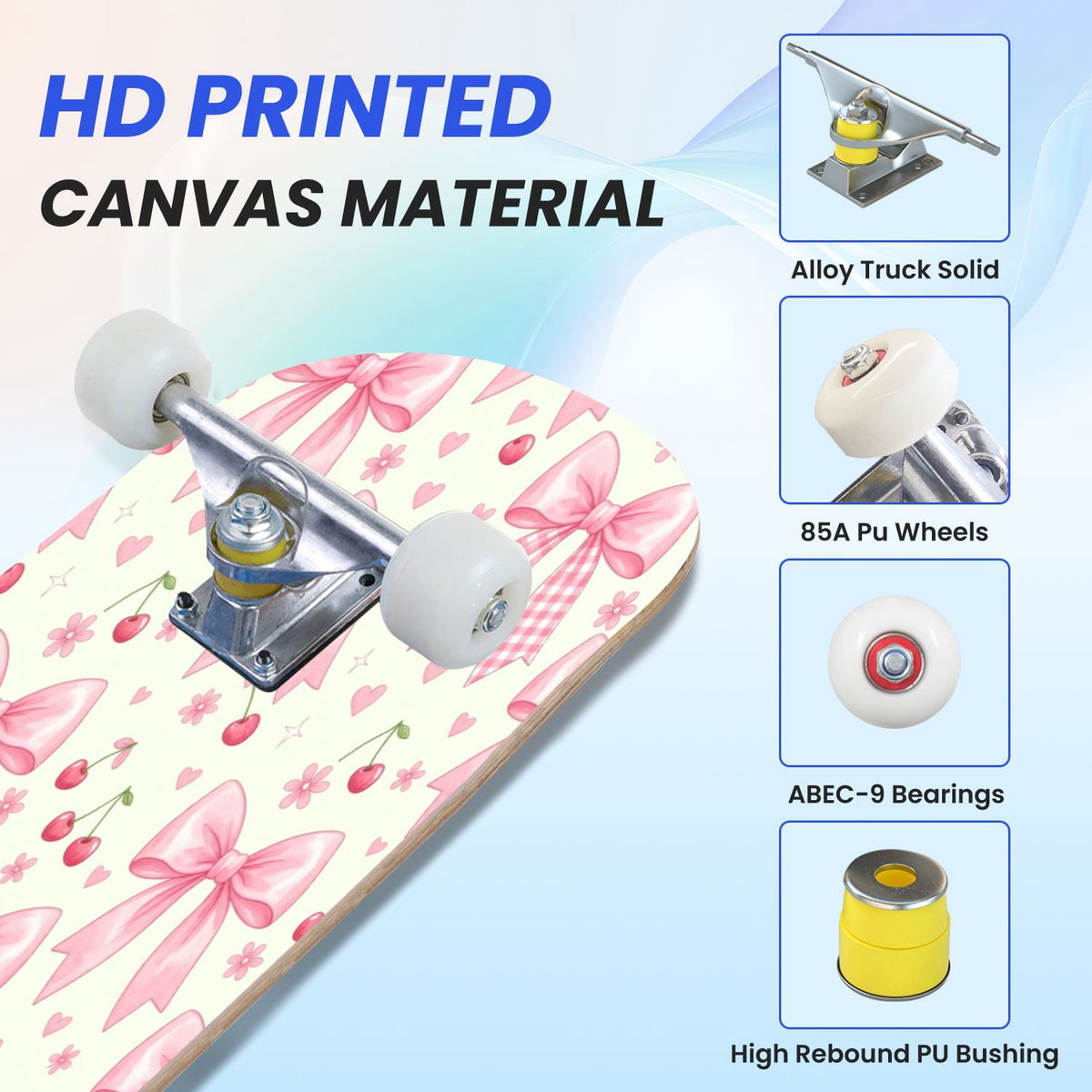 31"x8" Complete Skateboards for Beginners, Seamless Pink Peony Floral Cream Double Kick 7 Ply Canadian Maple Deck Skateboard with Wheels, Gifts for Girls Teens