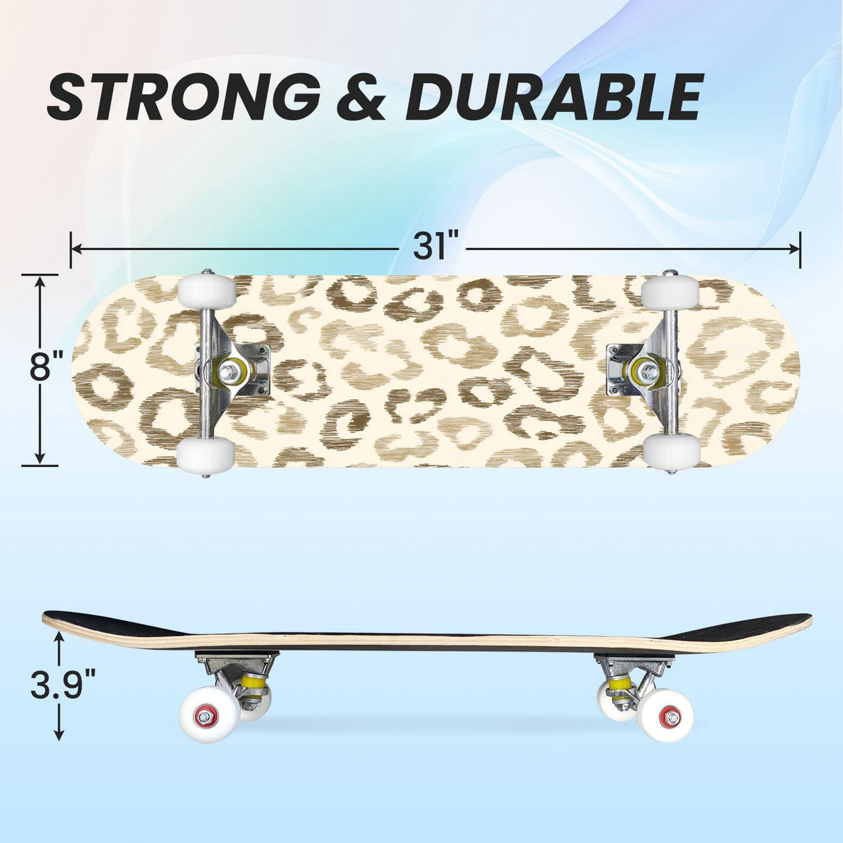 31"x8" Complete Skateboards for Beginners,Black Leopard Print Grey Double Kick 7 Ply Canadian Maple Deck Skateboard with Wheels, Gifts for Kids Teens