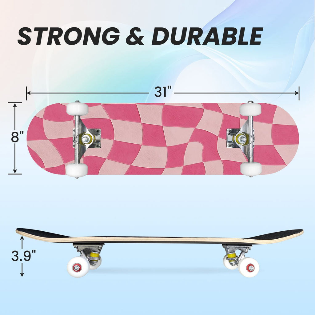 31"x8" Complete Skateboards for Beginners,Green White Plaid Checkered Watercolor Double Kick 7 Ply Canadian Maple Deck Skateboard with Wheels, Gifts for Kids Teens