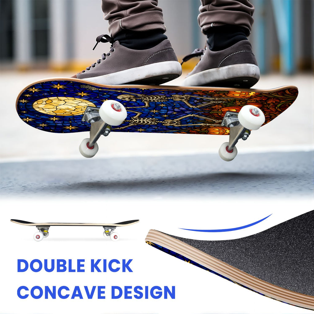 31"x8" Complete Skateboards for Beginners, Colorful Sugar Skull Vibrant Floral Day of the Dead Double Kick 7 Ply Canadian Maple Deck Skateboard with Wheels, Gifts for Kids Teens