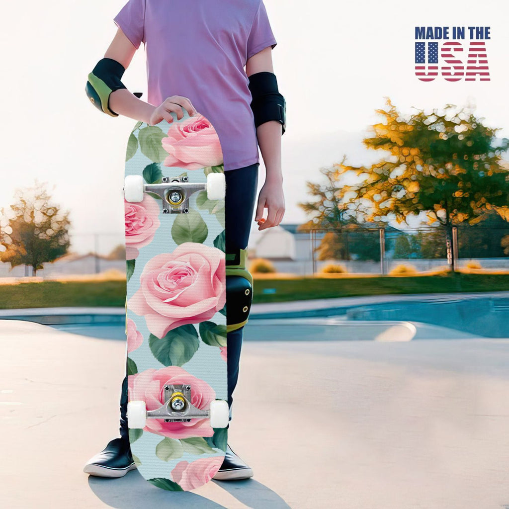 31"x8" Complete Skateboards for Beginners, Elegant Pink Red Roses Green Leaves Dark Double Kick 7 Ply Canadian Maple Deck Skateboard with Wheels, Gifts for Kids Teens
