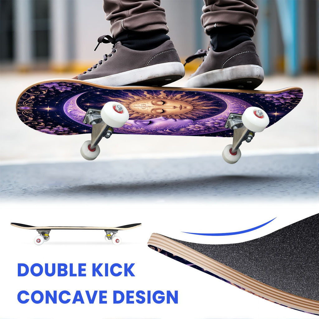 31"x8" Complete Skateboards for Beginners, Purple Celestial Moon Sun Art Floral Stars Double Kick 7 Ply Canadian Maple Deck Skateboard with Wheels, Gifts for Kids Teens
