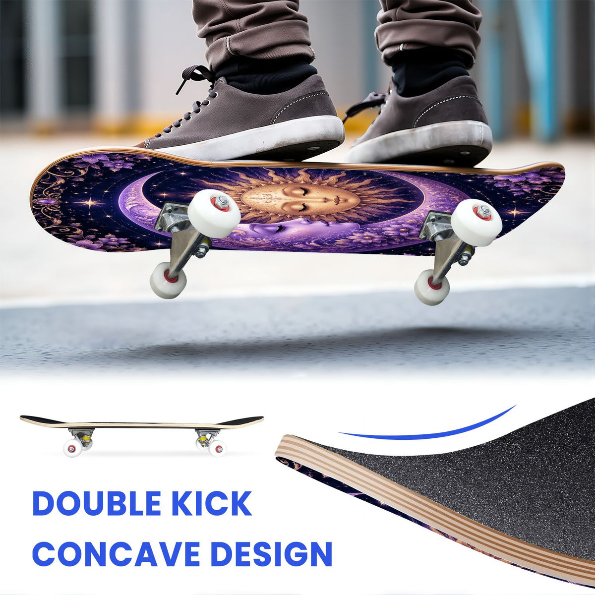 31"x8" Complete Skateboards for Beginners, Purple Celestial Moon Sun Art Floral Stars Double Kick 7 Ply Canadian Maple Deck Skateboard with Wheels, Gifts for Kids Teens