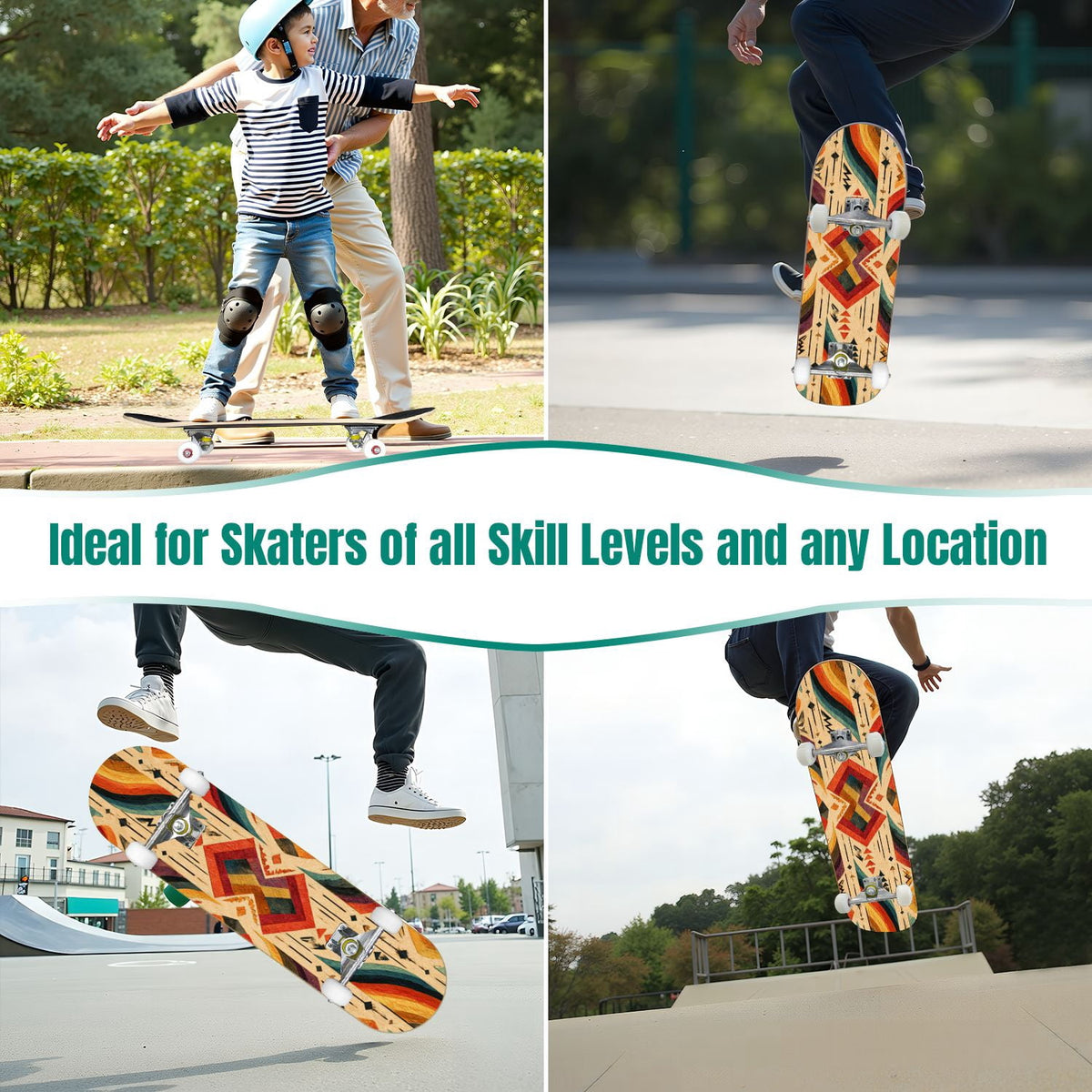 31"x8" Complete Skateboards for Beginners,Cartoon Hand Drawn Ice Cream Doodles Seamless Cones Cupcakes Double Kick 7 Ply Canadian Maple Deck Skateboard with Wheels, Gifts for Kids Teens