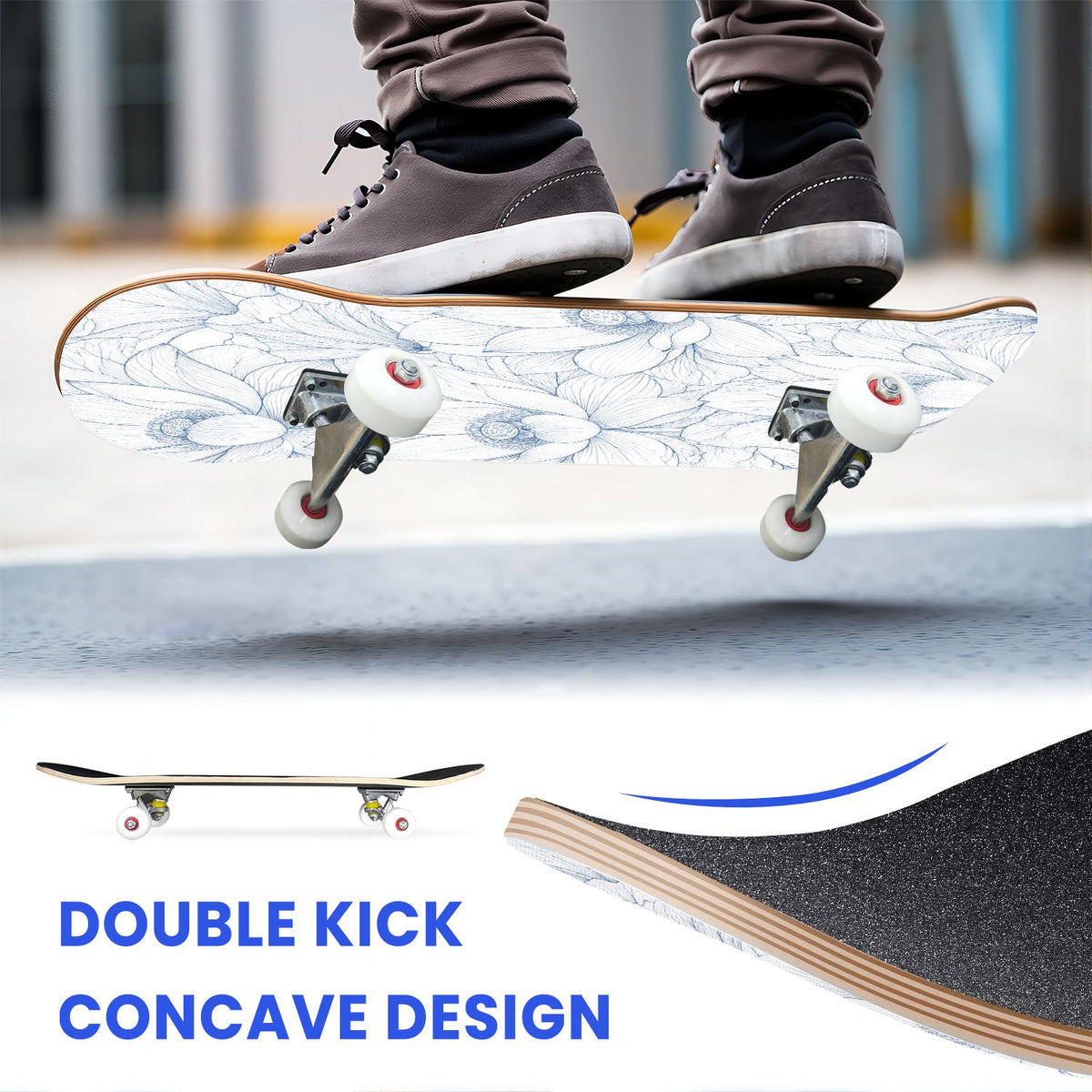31"x8" Complete Skateboards for Beginners,Blue Botanical Leaf White Double Kick 7 Ply Canadian Maple Deck Skateboard with Wheels, Gifts for Kids Teens