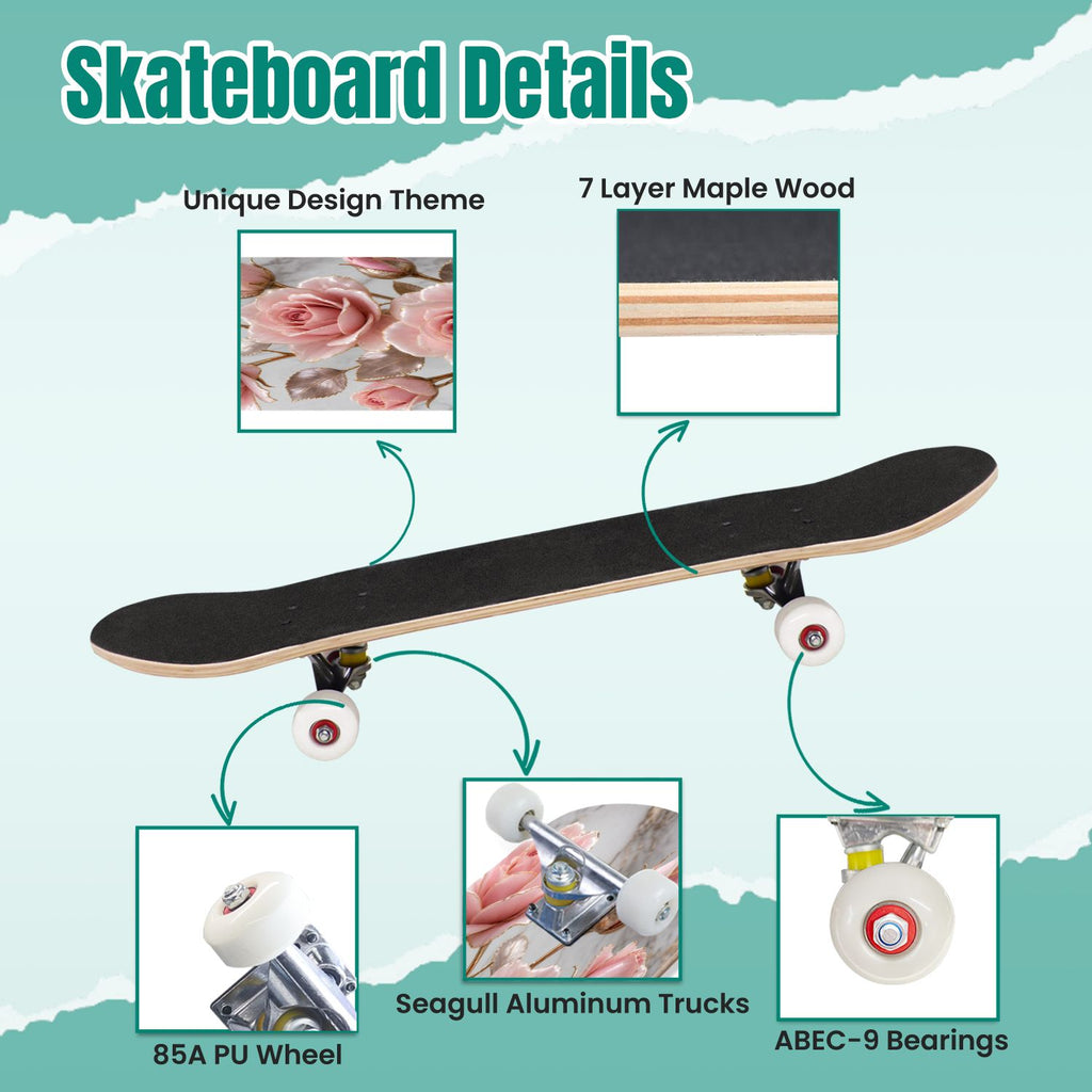 Modern Botanical Watercolor Pink Gold Mint Navy Leaves 31" x 8" Complete Skateboard, 7-Ply Canadian Maple Double Kick Trick Board for Kids and Beginners Adult Gifts