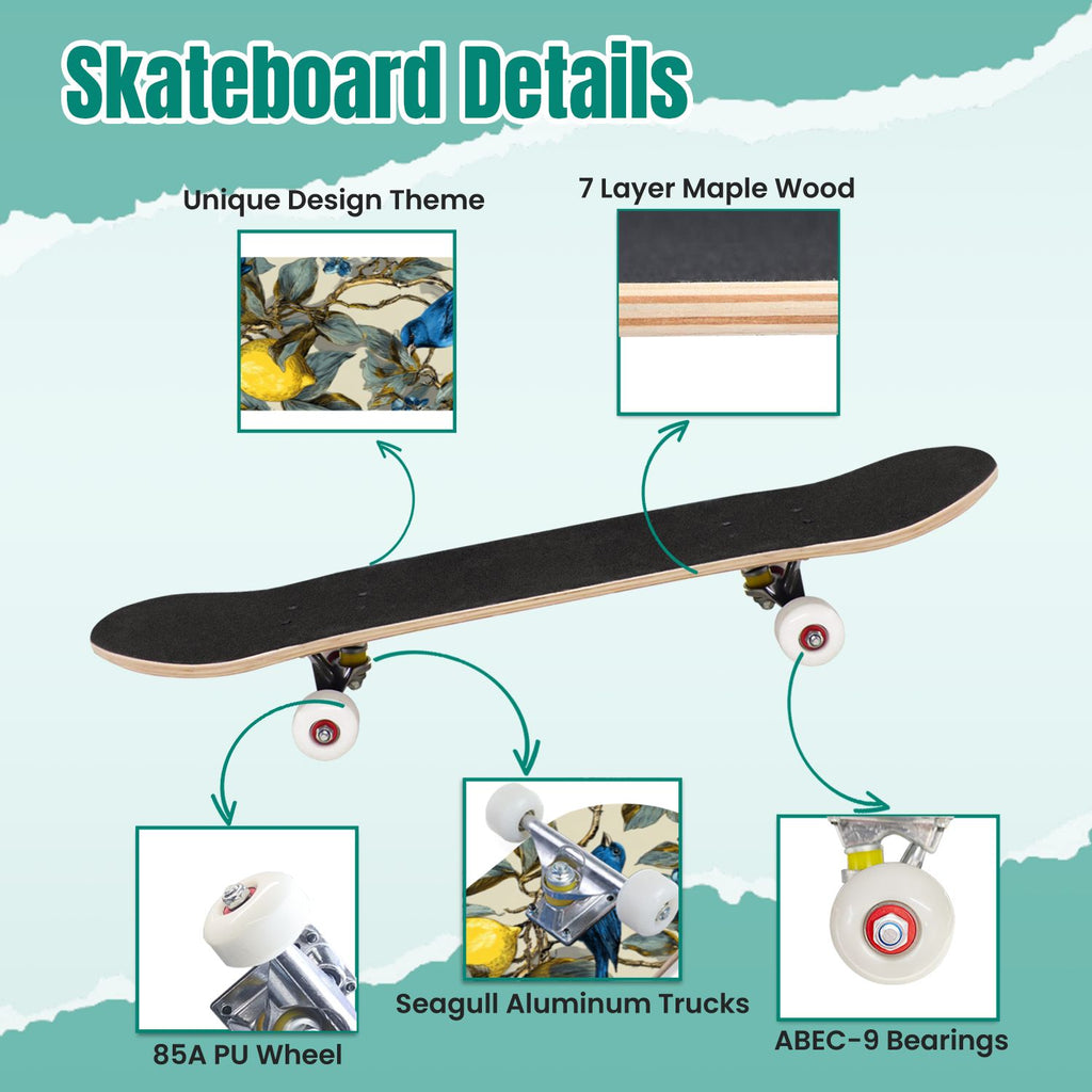 Botanical Birds Lemons Flowers Blue 31" x 8" Complete Skateboard, 7-Ply Canadian Maple Double Kick Trick Board for Kids and Beginners Adult Gifts