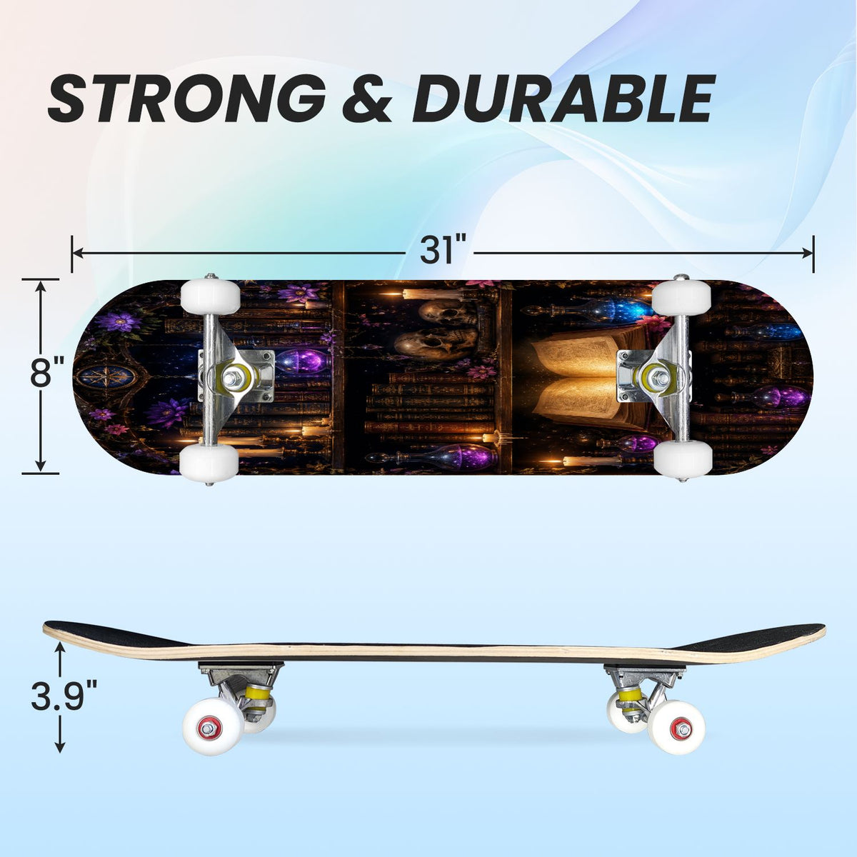 31"x8" Complete Skateboards for Beginners, Glowing Bioluminescent Mushrooms Mystical Forest Double Kick 7 Ply Canadian Maple Deck Skateboard with Wheels, Gifts for Kids Teens