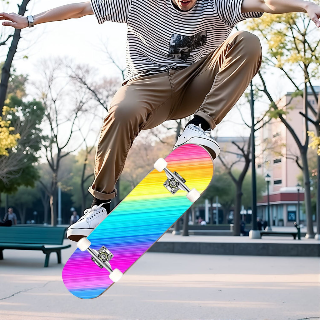 31"x8" Complete Skateboards for Beginners,Vibrant Diagonal Rainbow Gradient Abstract Art Double Kick 7 Ply Canadian Maple Deck Skateboard with Wheels, Gifts for Kids Teens