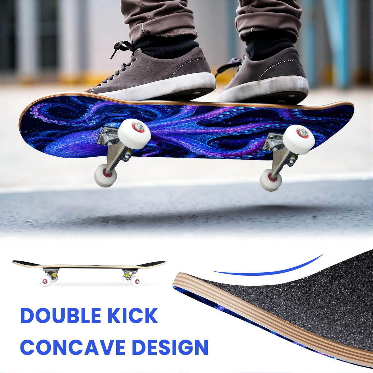 31"x8" Complete Skateboards for Beginners, Colorful Underwater Two Seahorses Coral Reefs Double Kick 7 Ply Canadian Maple Deck Skateboard with Wheels, Gifts for Kids Teens