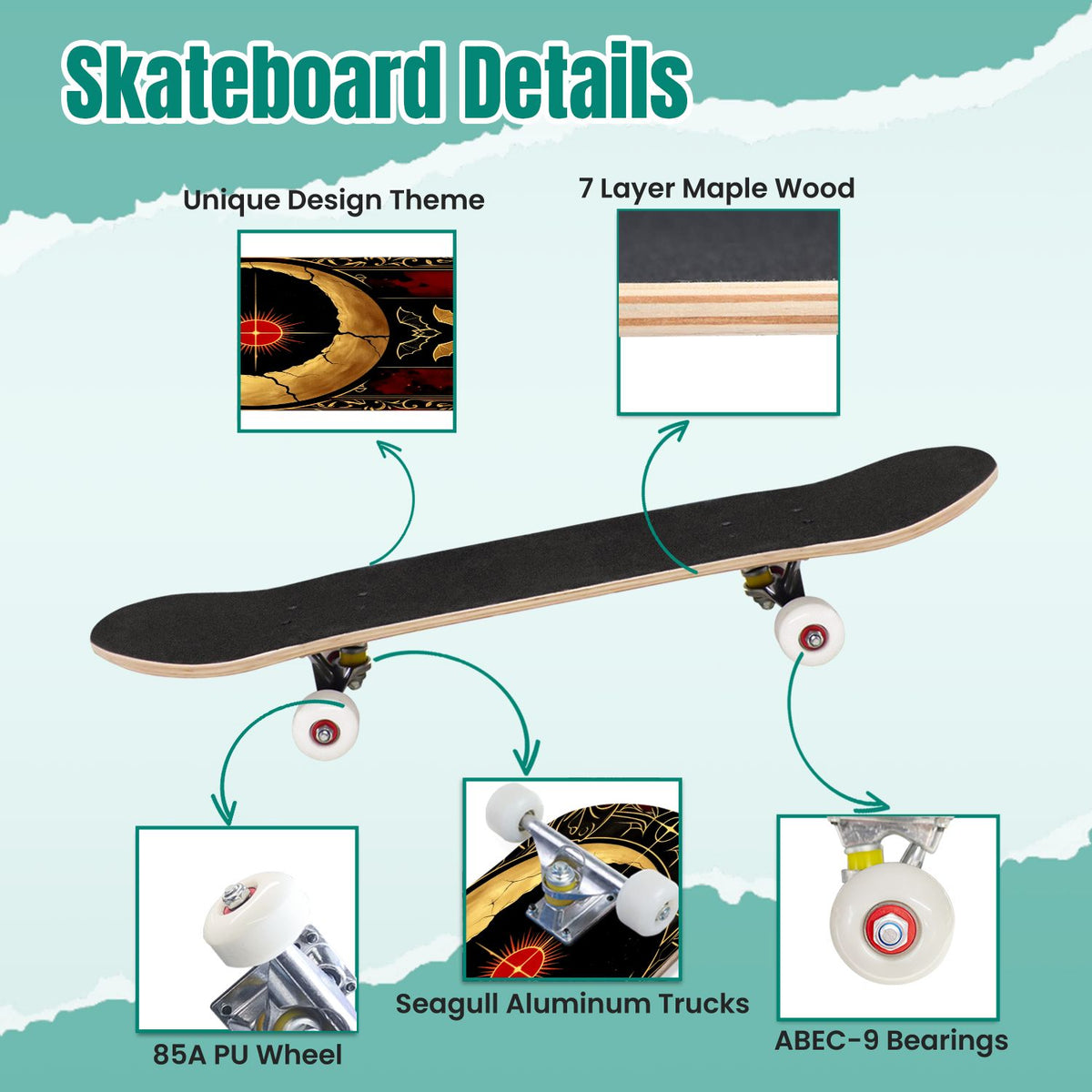 Red Mystic Circle Eyes Occult Symbols Dark Abstract Art 31" x 8" Complete Skateboard, 7-Ply Canadian Maple Double Kick Trick Board for Kids and Beginners Adult Gifts