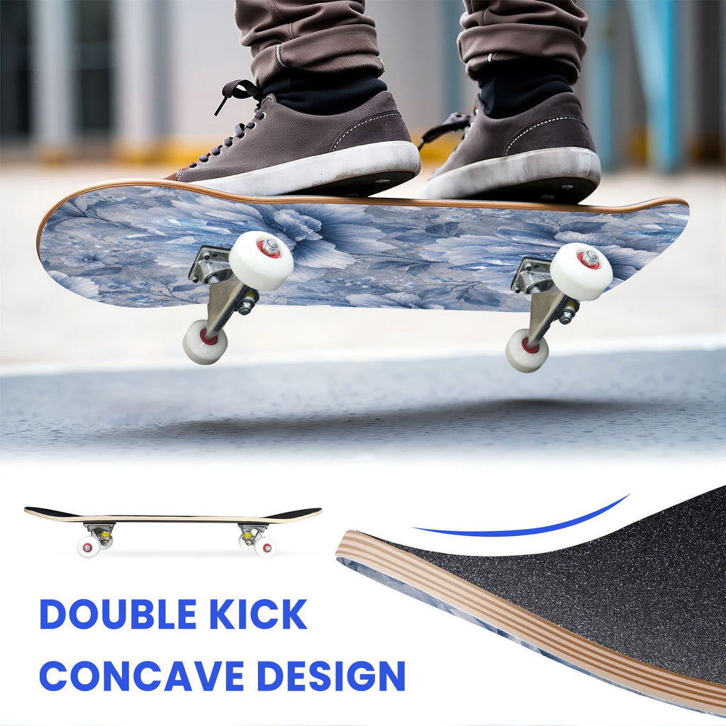 31"x8" Complete Skateboards for Beginners,Blue Flowers Crystals Seamless Watercolor Double Kick 7 Ply Canadian Maple Deck Skateboard with Wheels, Gifts for Kids Teens