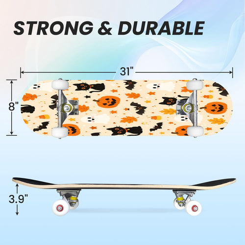 31"x8" Complete Skateboards for Beginners,Halloween Black Cats Pumpkins Ghosts Bats Beige Double Kick 7 Ply Canadian Maple Deck Skateboard with Wheels, Gifts for Kids Teens