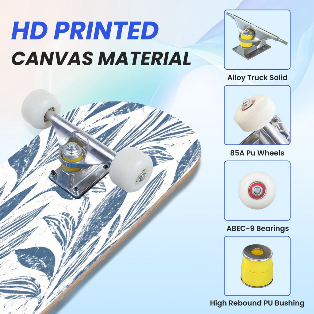 31"x8" Complete Skateboards for Beginners,Blue Flowers Crystals Seamless Watercolor Double Kick 7 Ply Canadian Maple Deck Skateboard with Wheels, Gifts for Kids Teens