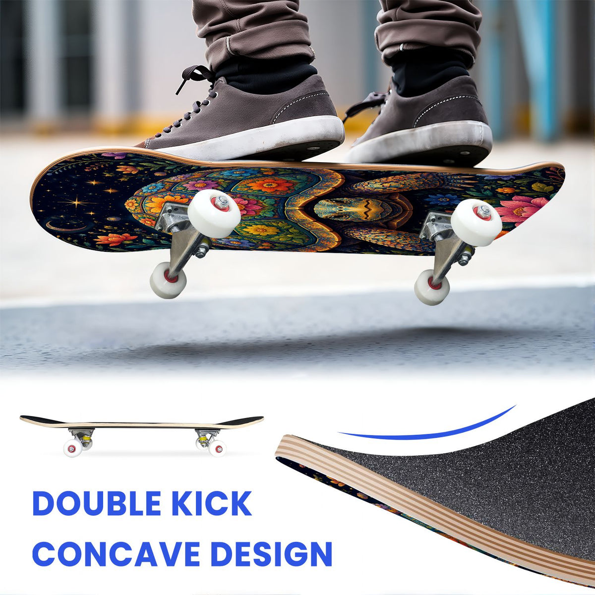 31"x8" Complete Skateboards for Beginners, Colorful Turtle Floral Shell Starry Night Marine Life Double Kick 7 Ply Canadian Maple Deck Skateboard with Wheels, Gifts for Kids Teens