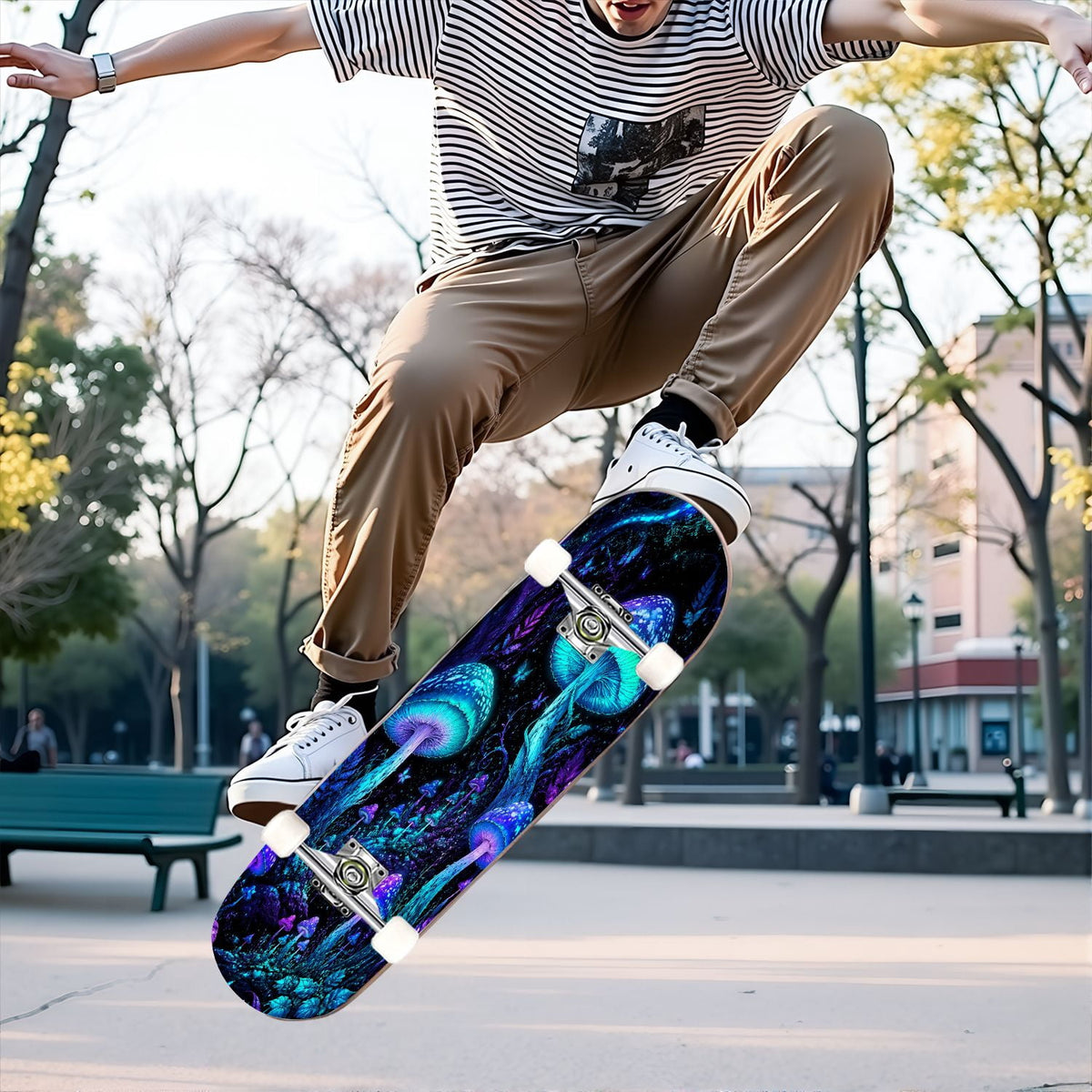 31"x8" Complete Skateboards for Beginners, Glowing Bioluminescent Mushrooms Mystical Forest Double Kick 7 Ply Canadian Maple Deck Skateboard with Wheels, Gifts for Kids Teens