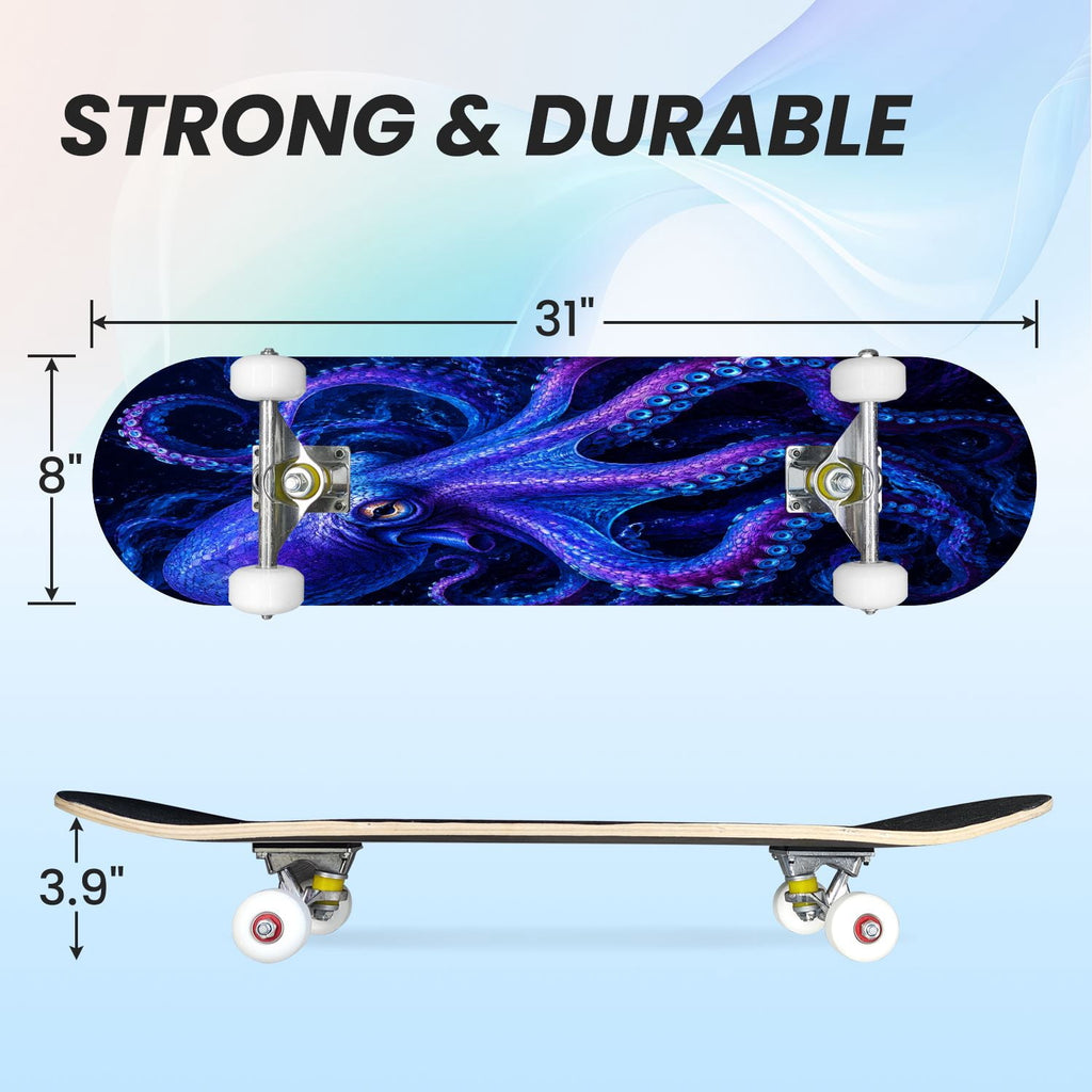 31"x8" Complete Skateboards for Beginners, Colorful Cosmic Octopus Tentacles Starry Marine Life Double Kick 7 Ply Canadian Maple Deck Skateboard with Wheels, Gifts for Kids Teens