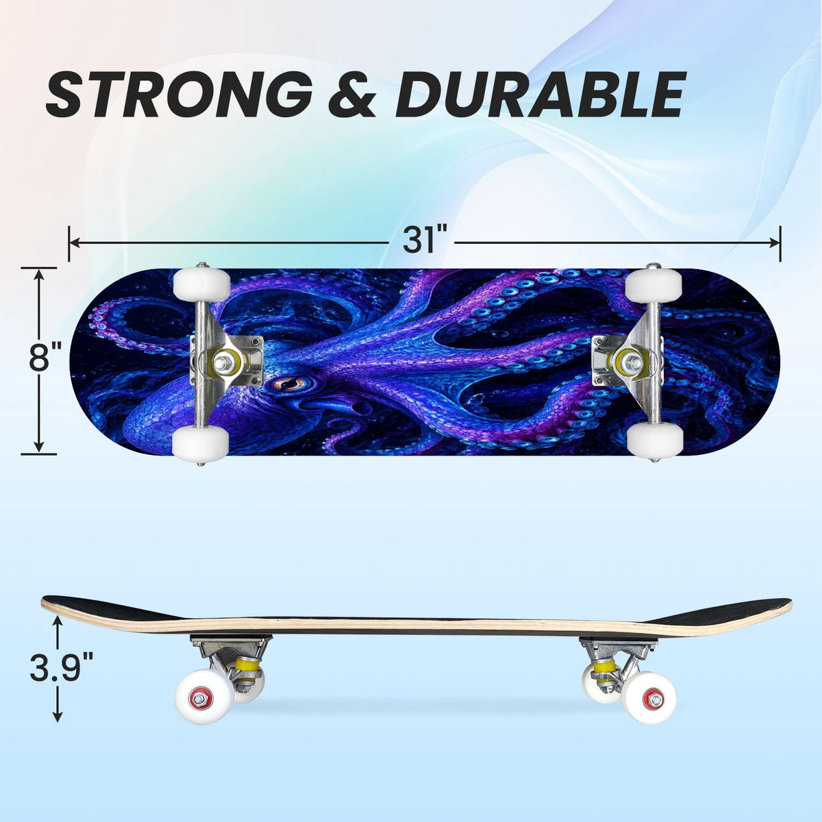 31"x8" Complete Skateboards for Beginners, Colorful Cosmic Octopus Tentacles Starry Marine Life Double Kick 7 Ply Canadian Maple Deck Skateboard with Wheels, Gifts for Kids Teens