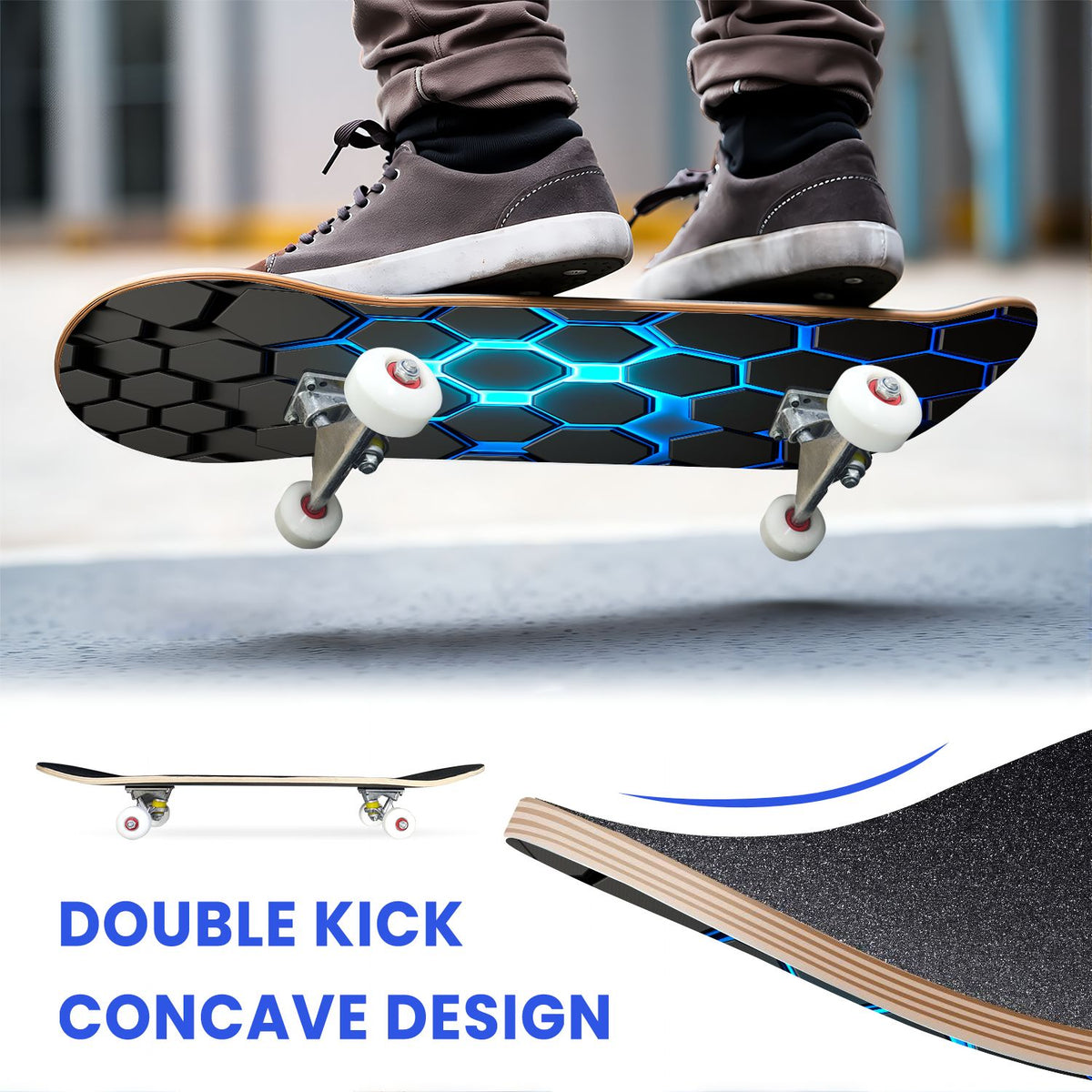 31"x8" Complete Skateboards for Beginners, Abstract Black Hexagon Honeycomb Glowing Blue Neon Geometric Double Kick 7 Ply Canadian Maple Deck Skateboard with Wheels, Gifts for Kids Teens