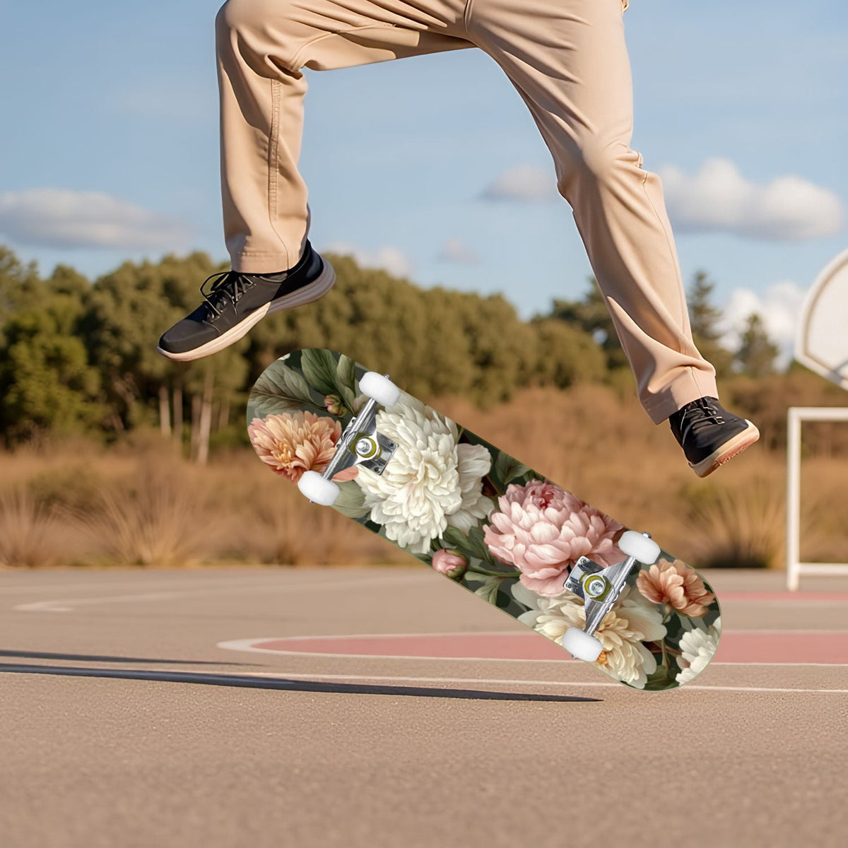 Elegant Cream Peach Peony Floral Green 31" x 8" Complete Skateboard, 7-Ply Canadian Maple Double Kick Trick Board for Kids and Beginners Adult Gifts
