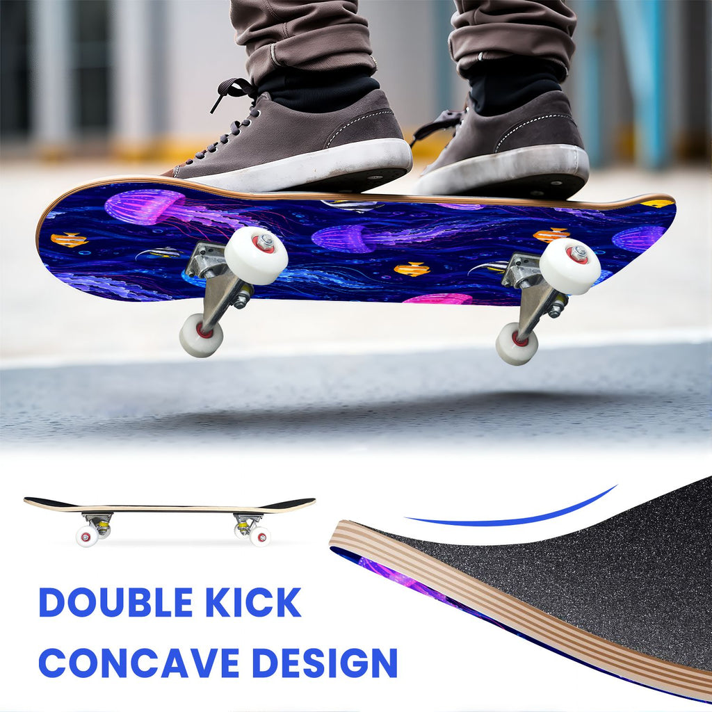 31"x8" Complete Skateboards for Beginners, Seashell Starfish Blue White Nautical Marine Life Double Kick 7 Ply Canadian Maple Deck Skateboard with Wheels, Gifts for Kids Teens