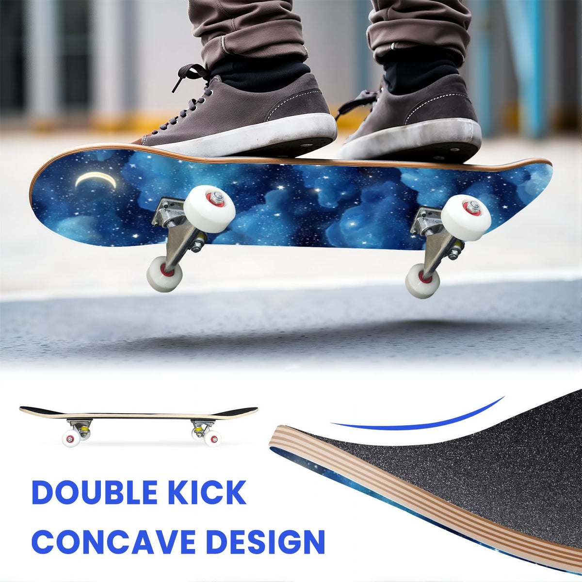 31"x8" Complete Skateboards for Beginners, Pastel Clouds Sparkles Dreamy Gradient Sky Summer Decor Double Kick 7 Ply Canadian Maple Deck Skateboard with Wheels, Gifts for Kids Teens