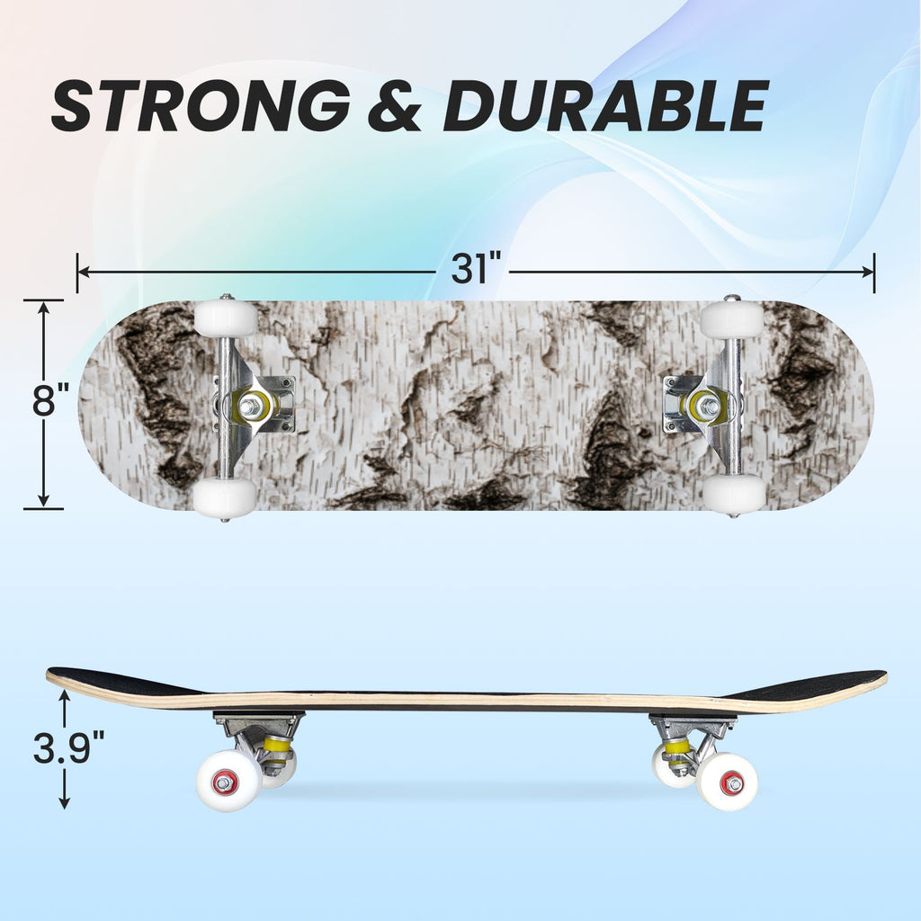 31"x8" Complete Skateboards for Beginners, White Birch Tree Bark Natural Knots Horizontal Lines Double Kick 7 Ply Canadian Maple Deck Skateboard with Wheels, Gifts for Kids Teens
