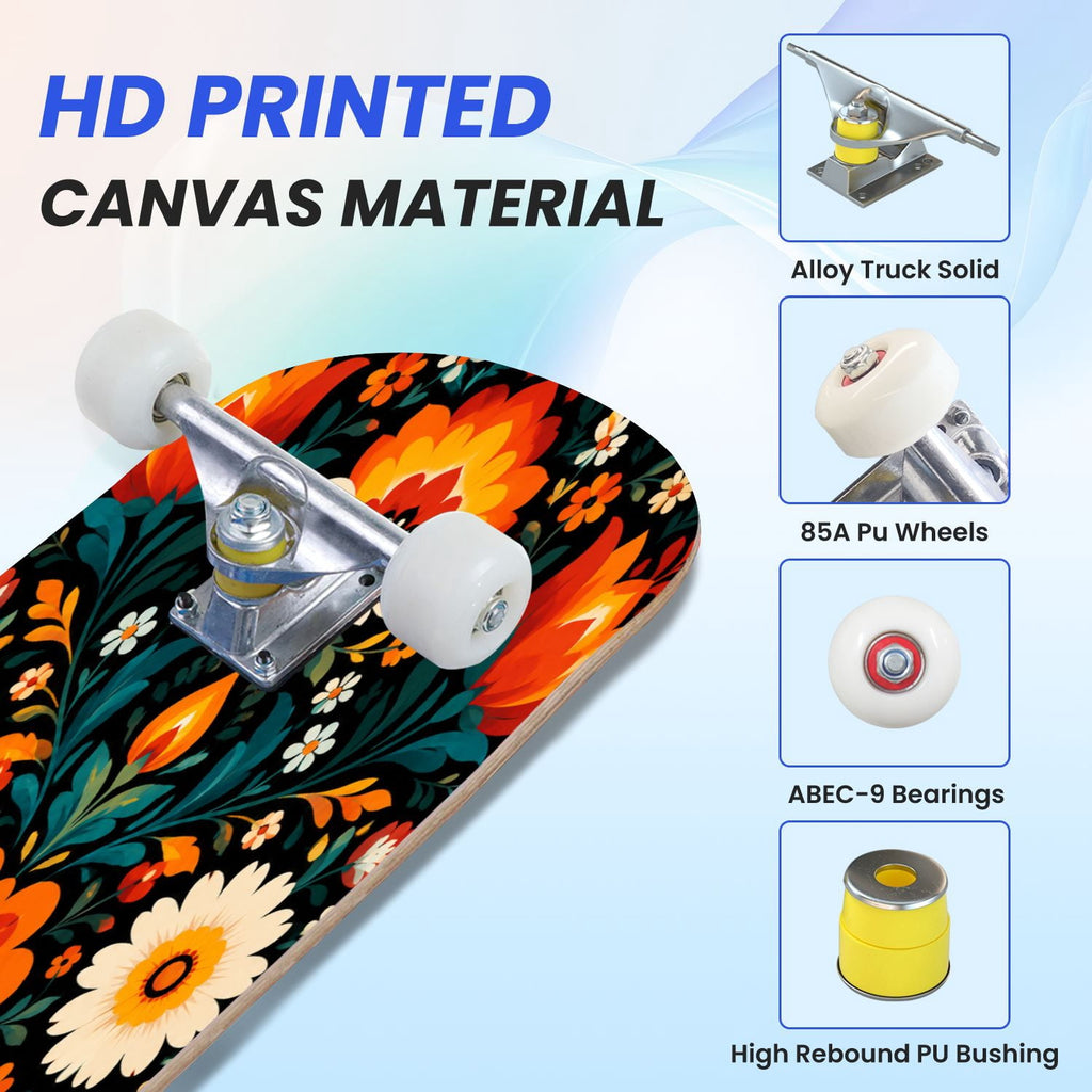 31"x8" Complete Skateboards for Beginners, Colorful Sugar Skull Vibrant Floral Day of the Dead Double Kick 7 Ply Canadian Maple Deck Skateboard with Wheels, Gifts for Kids Teens