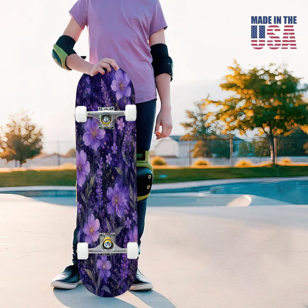 31"x8" Complete Skateboards for Beginners, Purple White Cosmos Flowers Butterflies Watercolor Double Kick 7 Ply Canadian Maple Deck Skateboard with Wheels, Gifts for Kids Teens