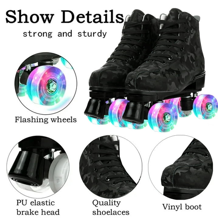 JieC Roller Skates, Adjustable Roller Skates with Glowing Wheels, for Girls, Teenagers, Black (Women‘s 9.5 / Men‘s 8.5)