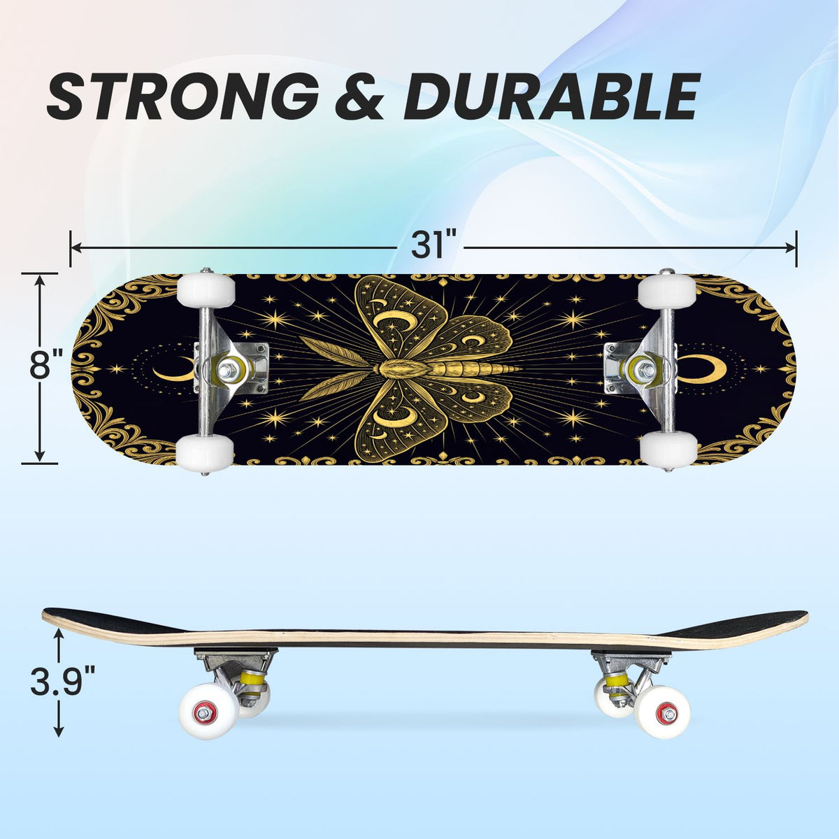 31"x8" Complete Skateboards for Beginners, Idyllic Tropical Beach Turquoise Water Golden Sand Shoreline Double Kick 7 Ply Canadian Maple Deck Skateboard with Wheels, Gifts for Kids Teens