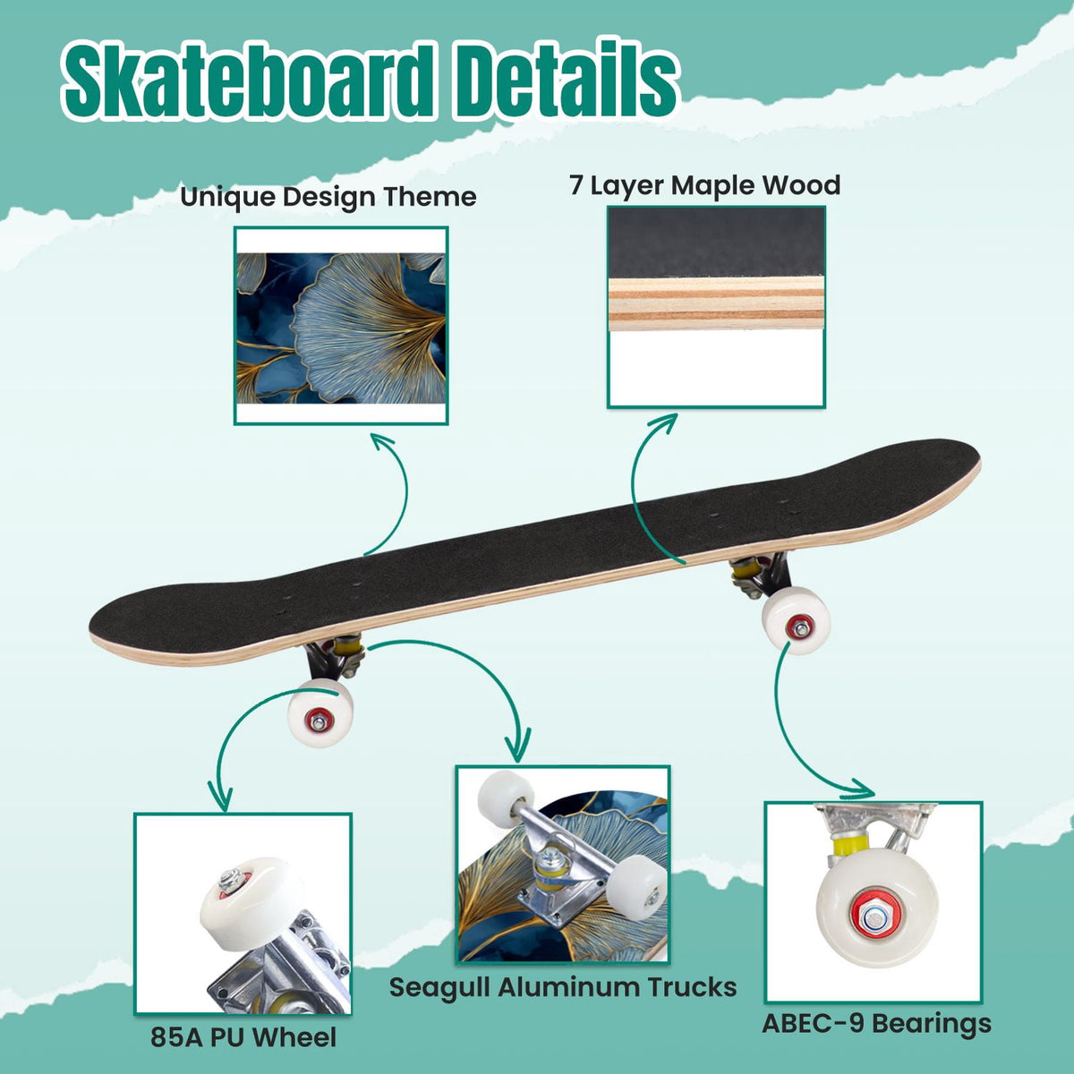 Elegant Cream Peach Peony Floral Green 31" x 8" Complete Skateboard, 7-Ply Canadian Maple Double Kick Trick Board for Kids and Beginners Adult Gifts