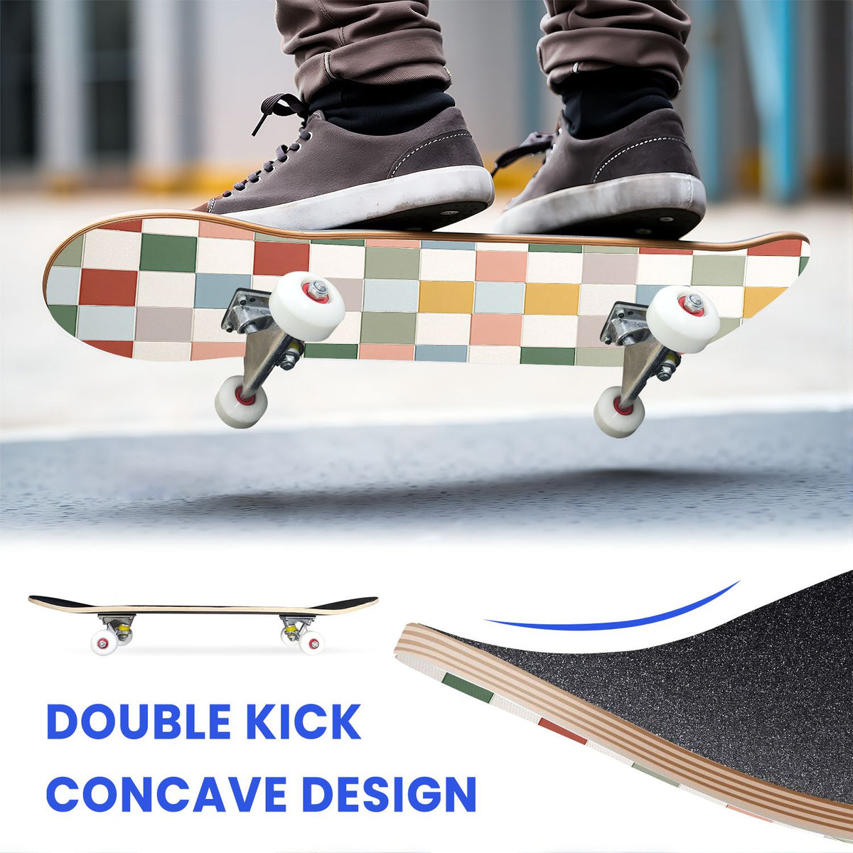31"x8" Complete Skateboards for Beginners,Colorful Geometric Tile Multicolored Squares Double Kick 7 Ply Canadian Maple Deck Skateboard with Wheels, Gifts for Kids Teens