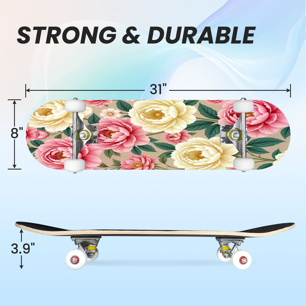 31"x8" Complete Skateboards for Beginners, Pink Floral Ribbon Roses Bows White Double Kick 7 Ply Canadian Maple Deck Skateboard with Wheels, Gifts for Girls Teens