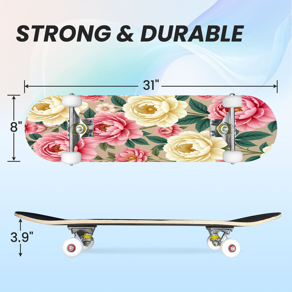 31"x8" Complete Skateboards for Beginners, Pink Floral Ribbon Roses Bows White Double Kick 7 Ply Canadian Maple Deck Skateboard with Wheels, Gifts for Girls Teens