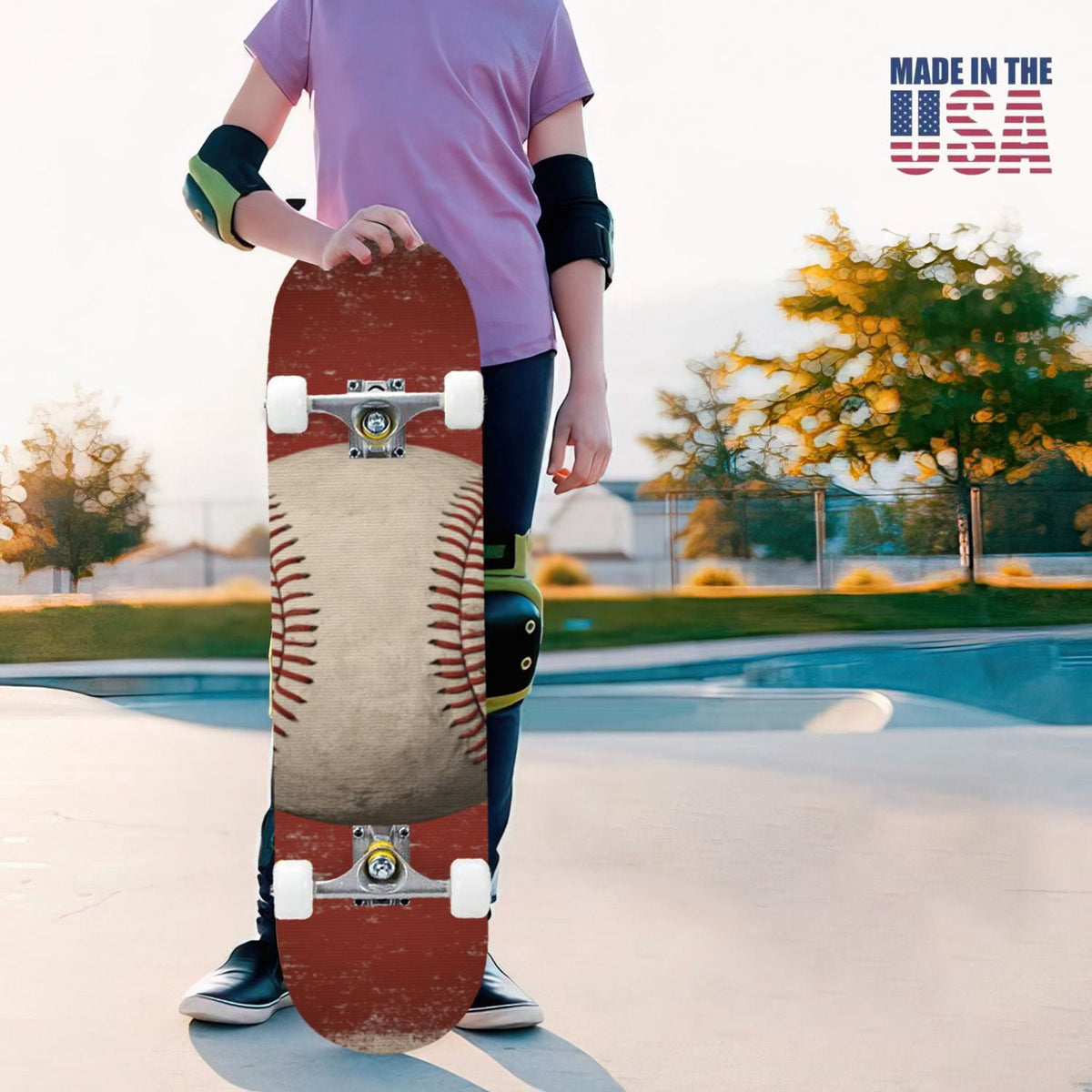 31"x8" Complete Skateboards for Beginners,Vintage Baseball Worn Red Stitches Rustic Double Kick 7 Ply Canadian Maple Deck Skateboard with Wheels, Sports Gifts for Kids Teens