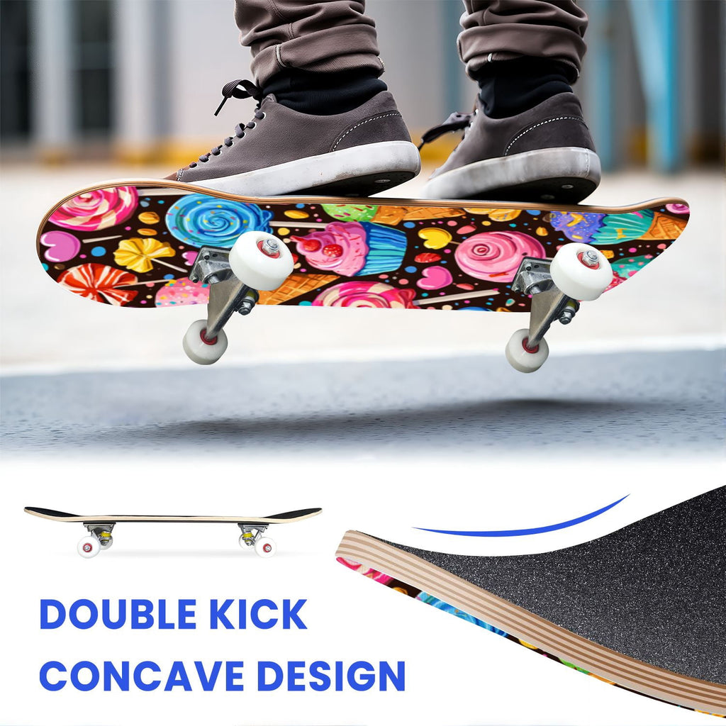 31"x8" Complete Skateboards for Beginners,Cartoon Hand Drawn Ice Cream Doodles Seamless Cones Cupcakes Double Kick 7 Ply Canadian Maple Deck Skateboard with Wheels, Gifts for Kids Teens