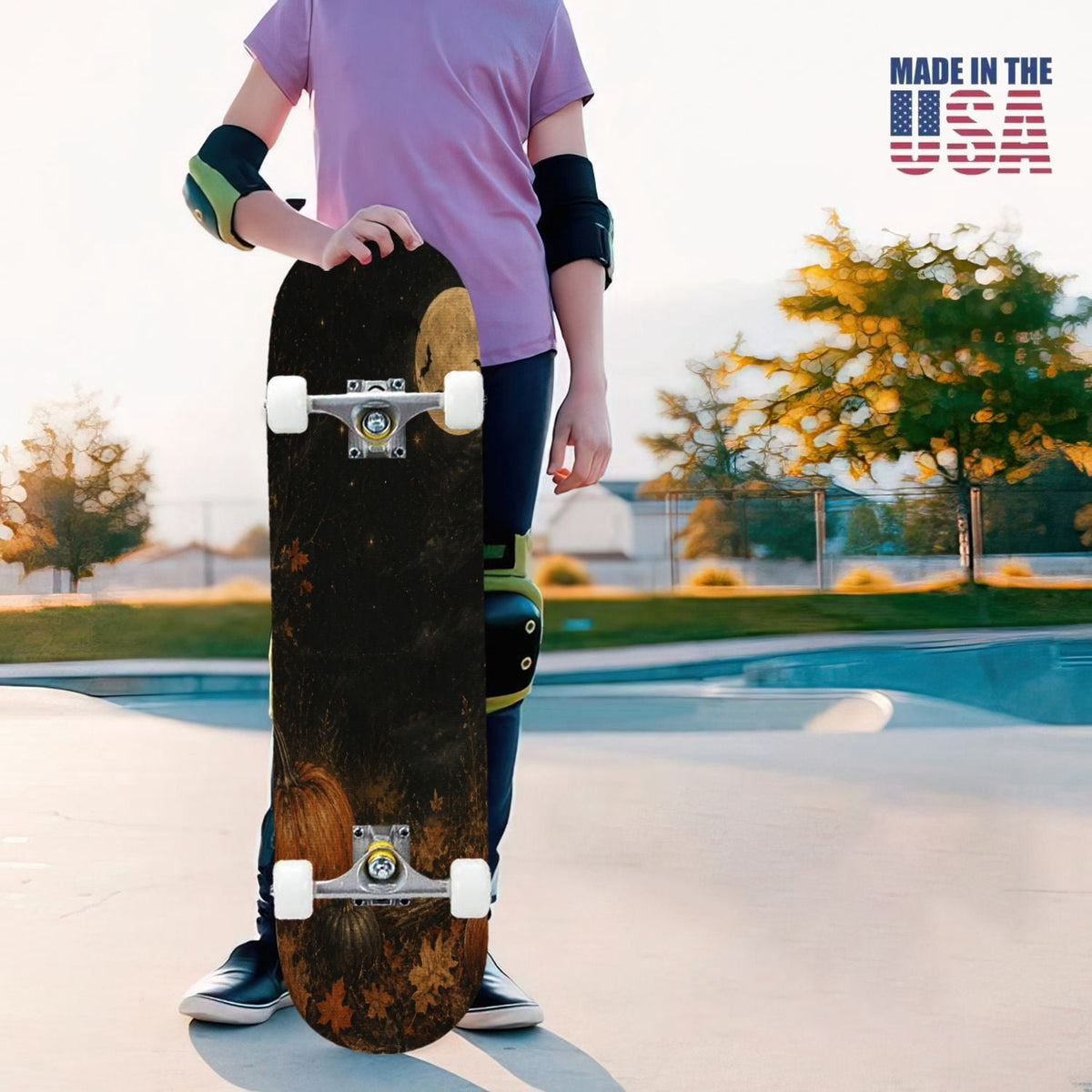 31"x8" Complete Skateboards for Beginners,Cute Ghosts Purple Bows Bats Lilac Halloween Double Kick 7 Ply Canadian Maple Deck Skateboard with Wheels, Gifts for Kids Teens