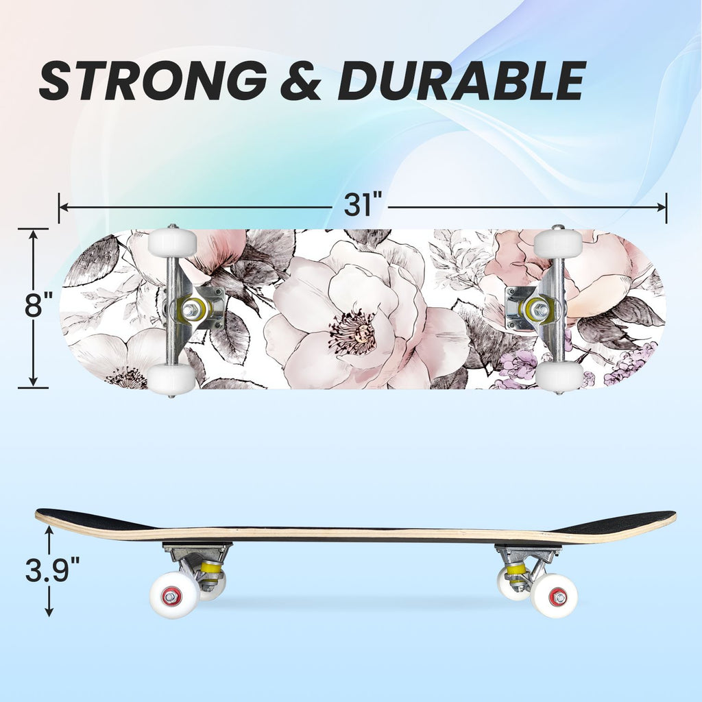 31"x8" Complete Skateboards for Beginners, Elegant Peony Floral Soft Pink White Tones Neutral Double Kick 7 Ply Canadian Maple Deck Skateboard with Wheels, Gifts for Kids Teens