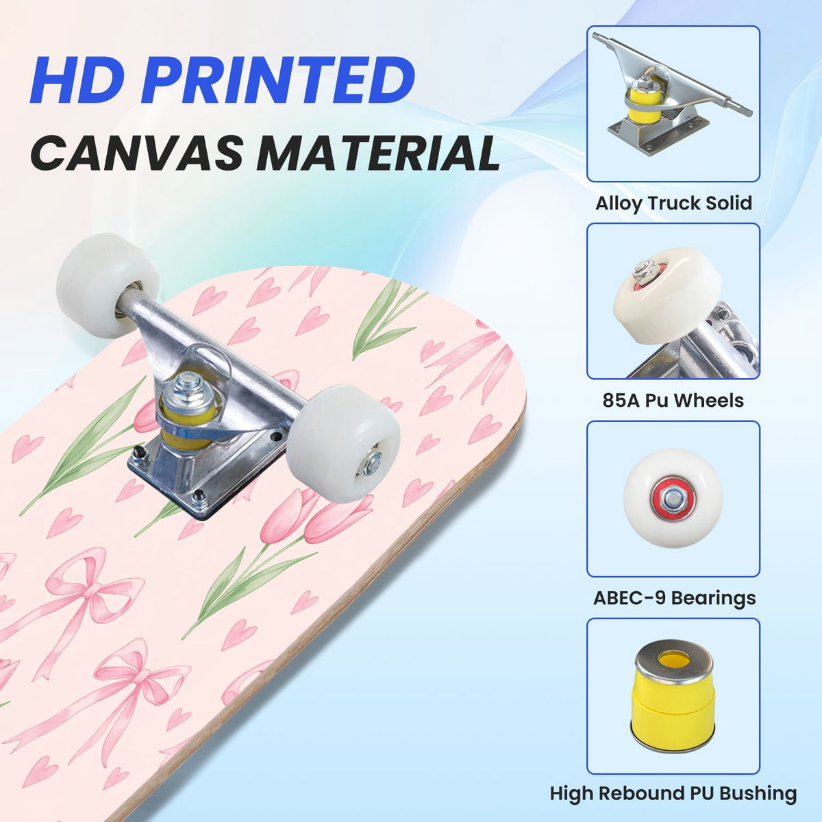 31"x8" Complete Skateboards for Beginners, Seamless Pink Peony Floral Cream Double Kick 7 Ply Canadian Maple Deck Skateboard with Wheels, Gifts for Girls Teens