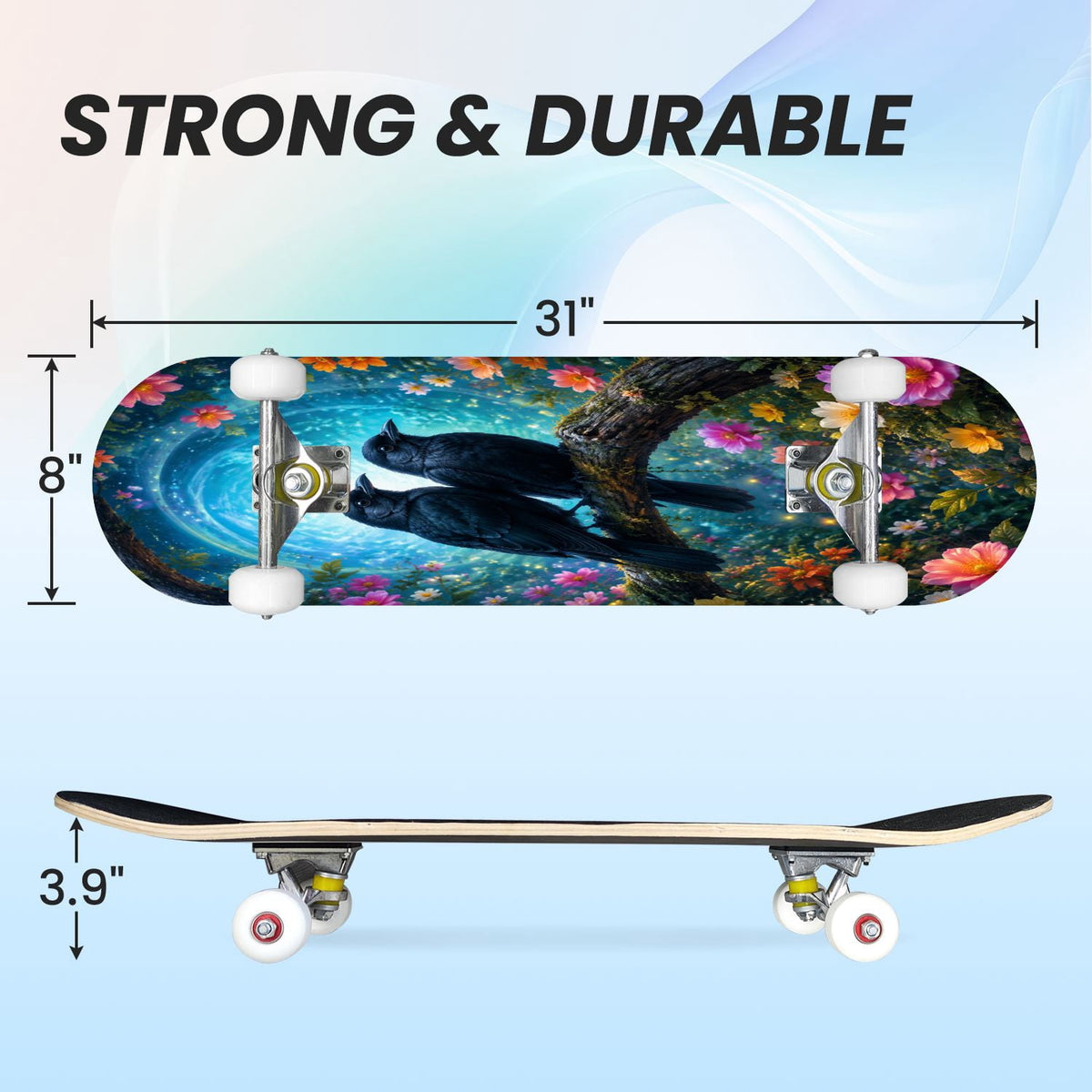 31"x8" Complete Skateboards for Beginners,Vintage Botanical Moth Autumn Leaves Mushrooms Double Kick 7 Ply Canadian Maple Deck Skateboard with Wheels, Gifts for Kids Teens