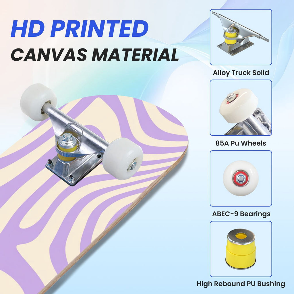 31"x8" Complete Skateboards for Beginners, Abstract Wavy Purple Beige Zebra Design Double Kick 7 Ply Canadian Maple Deck Skateboard with Wheels, Gifts for Kids Teens