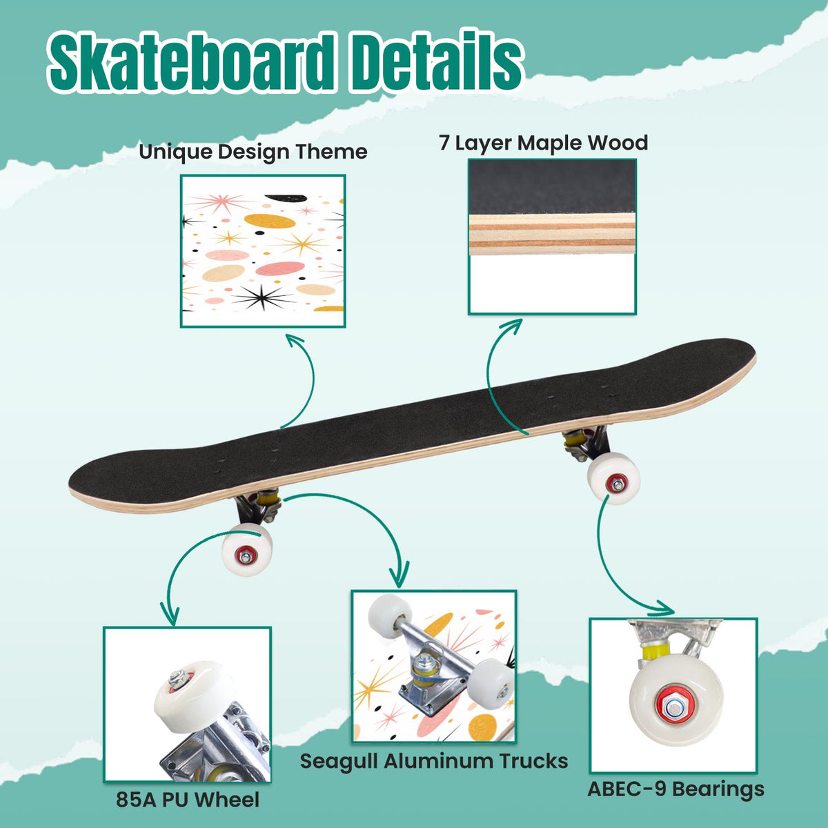 Abstract Geometric Curved Shapes Earthy Tones 31" x 8" Complete Skateboard, 7-Ply Canadian Maple Double Kick Trick Board for Kids and Beginners Adult Gifts