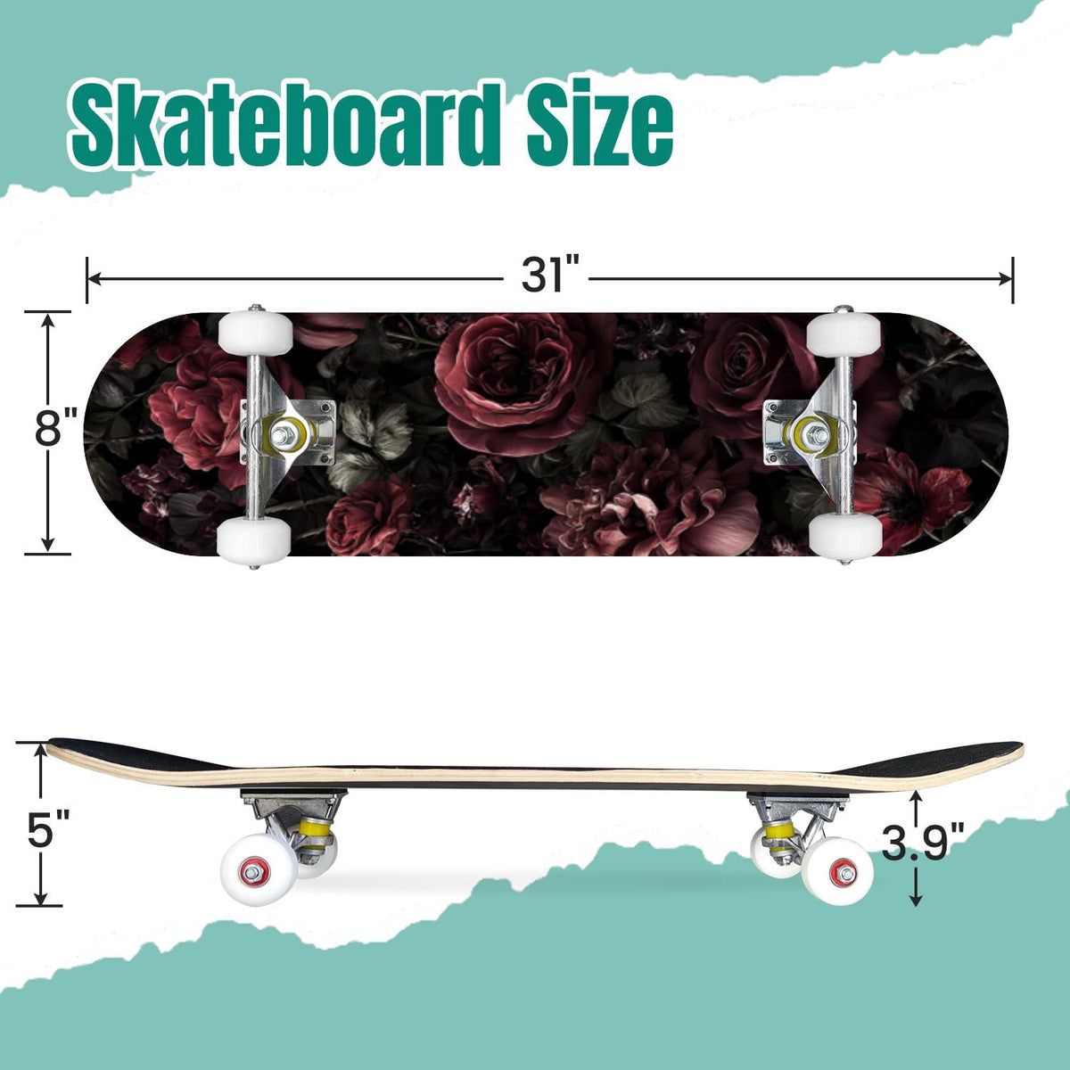 Buffalo Tan Grass Illustrations 31" x 8" Complete Skateboard, 7-Ply Canadian Maple Double Kick Trick Board for Kids and Beginners Adult Gifts