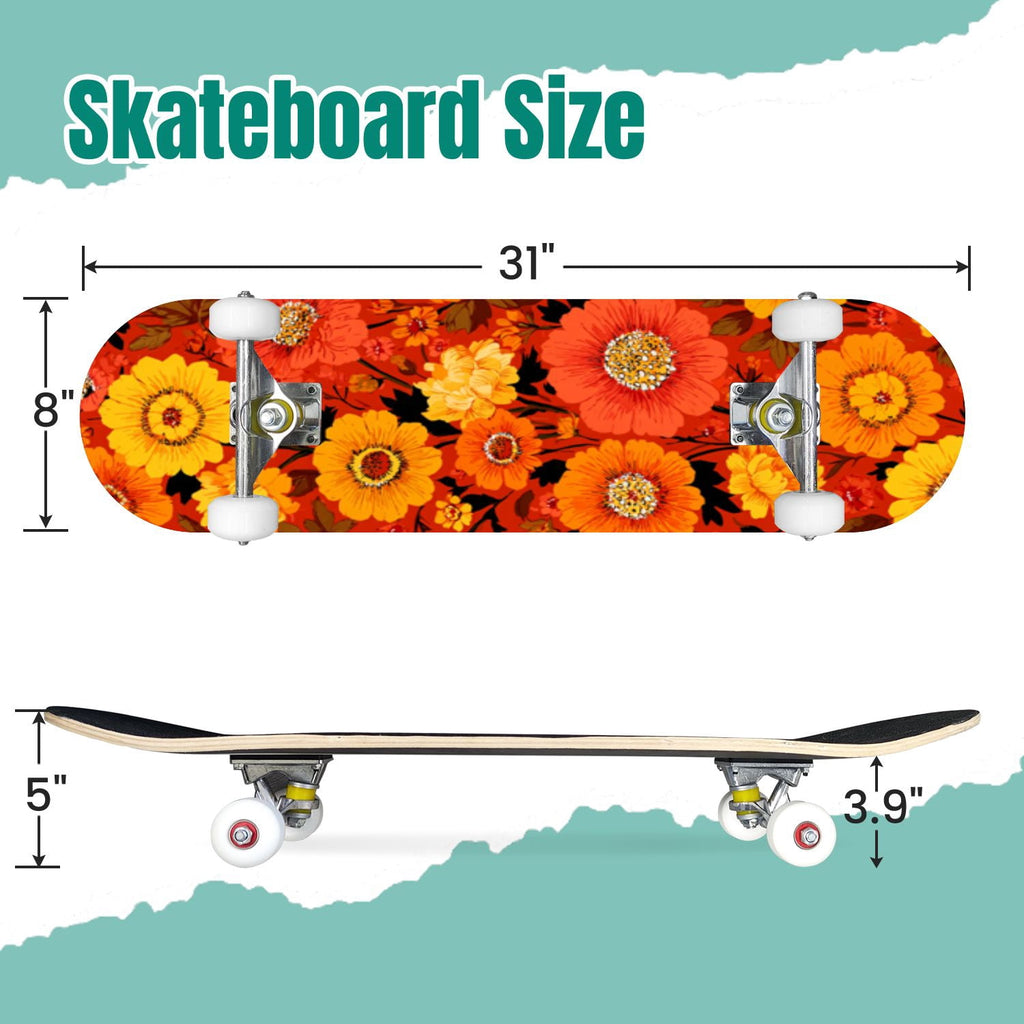 Elegant Cream Peach Peony Floral Green 31" x 8" Complete Skateboard, 7-Ply Canadian Maple Double Kick Trick Board for Kids and Beginners Adult Gifts