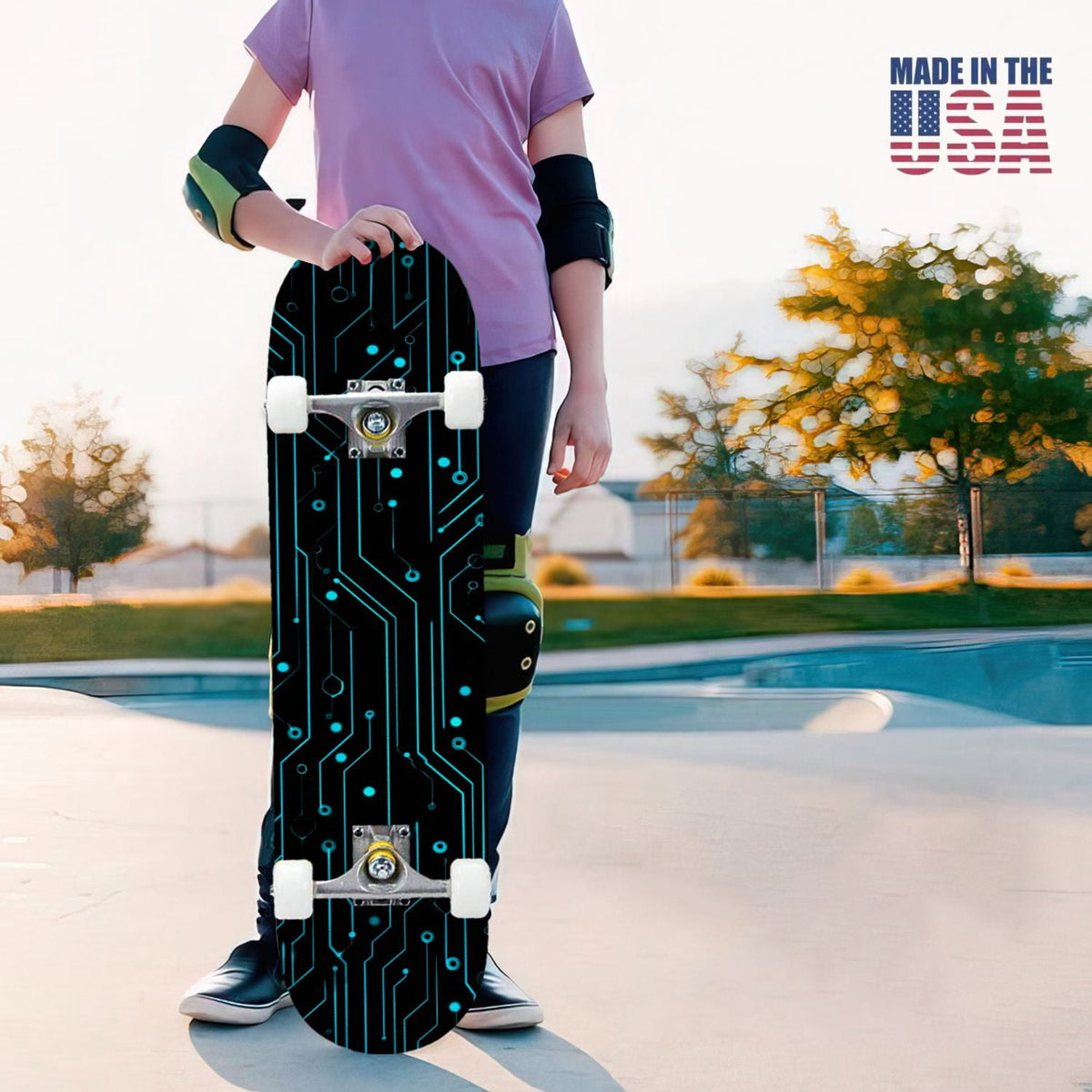 31"x8" Complete Skateboards for Beginners,Hexagon neon blue glow futuristic Double Kick 7 Ply Canadian Maple Deck Skateboard with Wheels, Gifts for Kids Teens